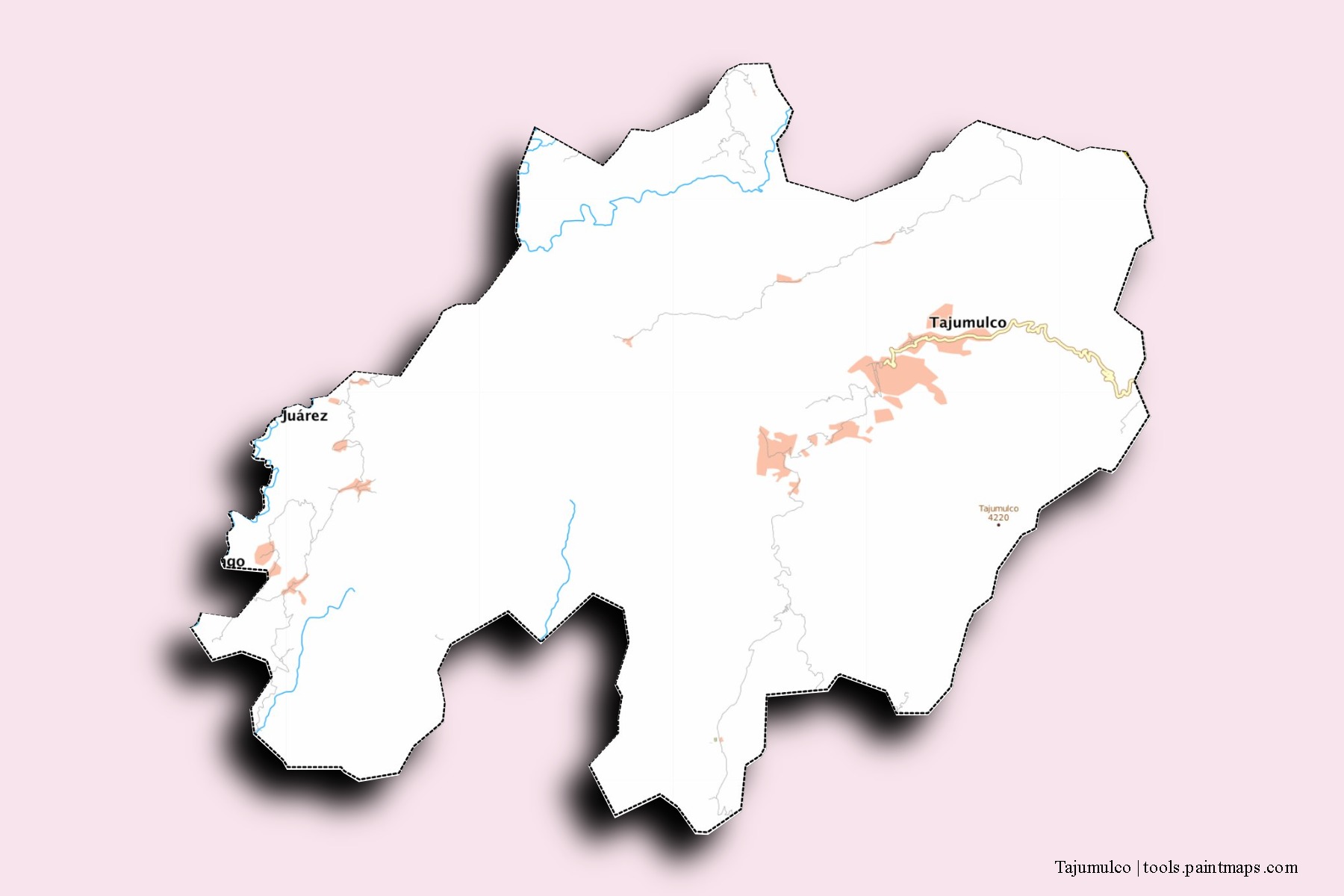 Mapa de barrios y pueblos de Tajumulco con efecto de sombra 3D