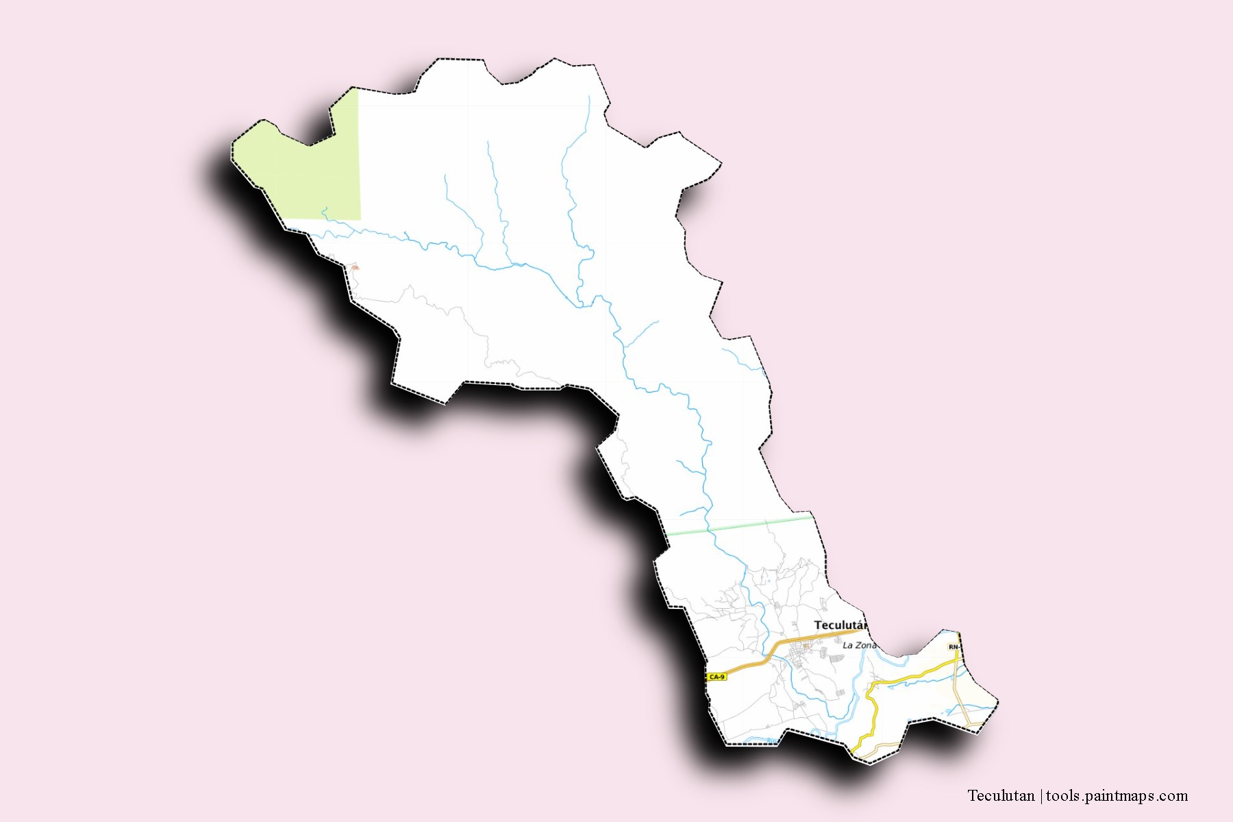 Mapa de barrios y pueblos de Teculutan con efecto de sombra 3D