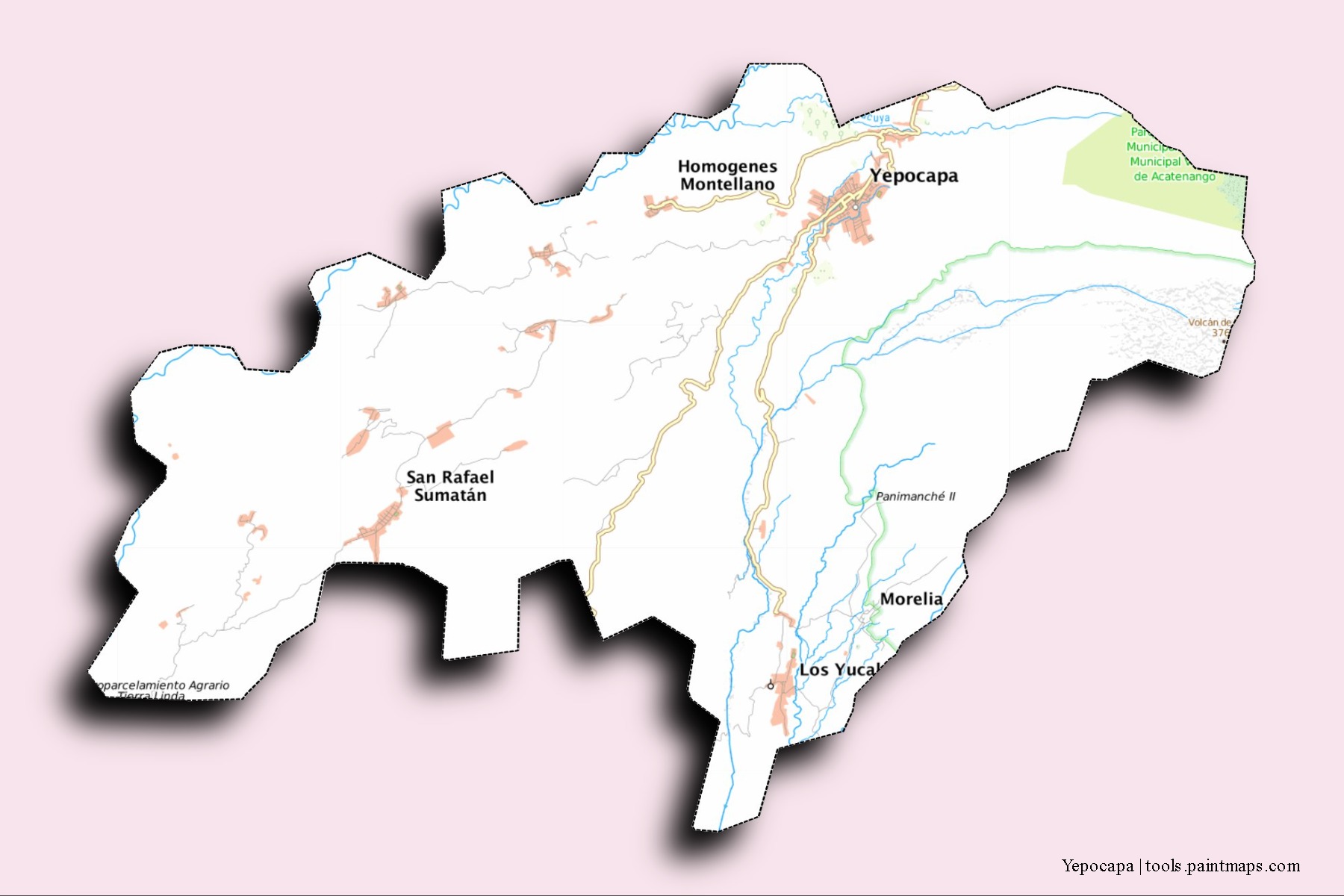 Mapa de barrios y pueblos de Yepocapa con efecto de sombra 3D