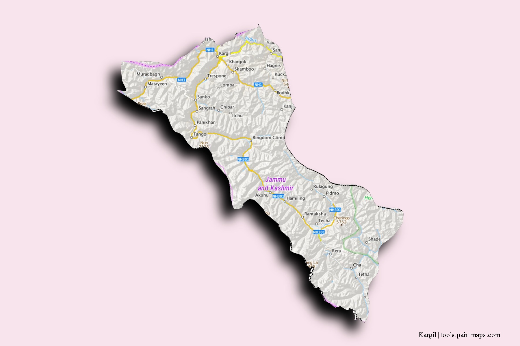 Kargil neighborhoods and villages map with 3D shadow effect