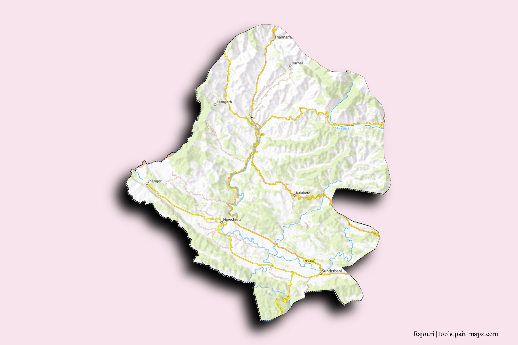 Rajouri neighborhoods and villages map with 3D shadow effect