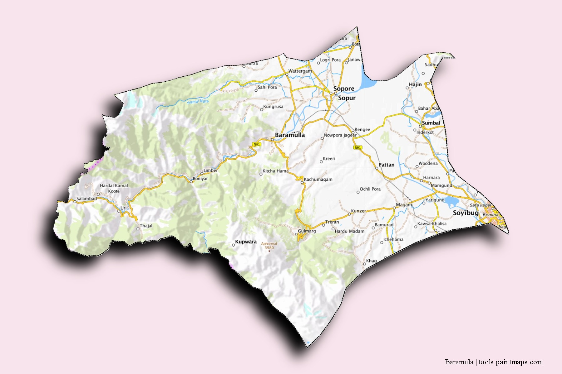 Baramulla neighborhoods and villages map with 3D shadow effect