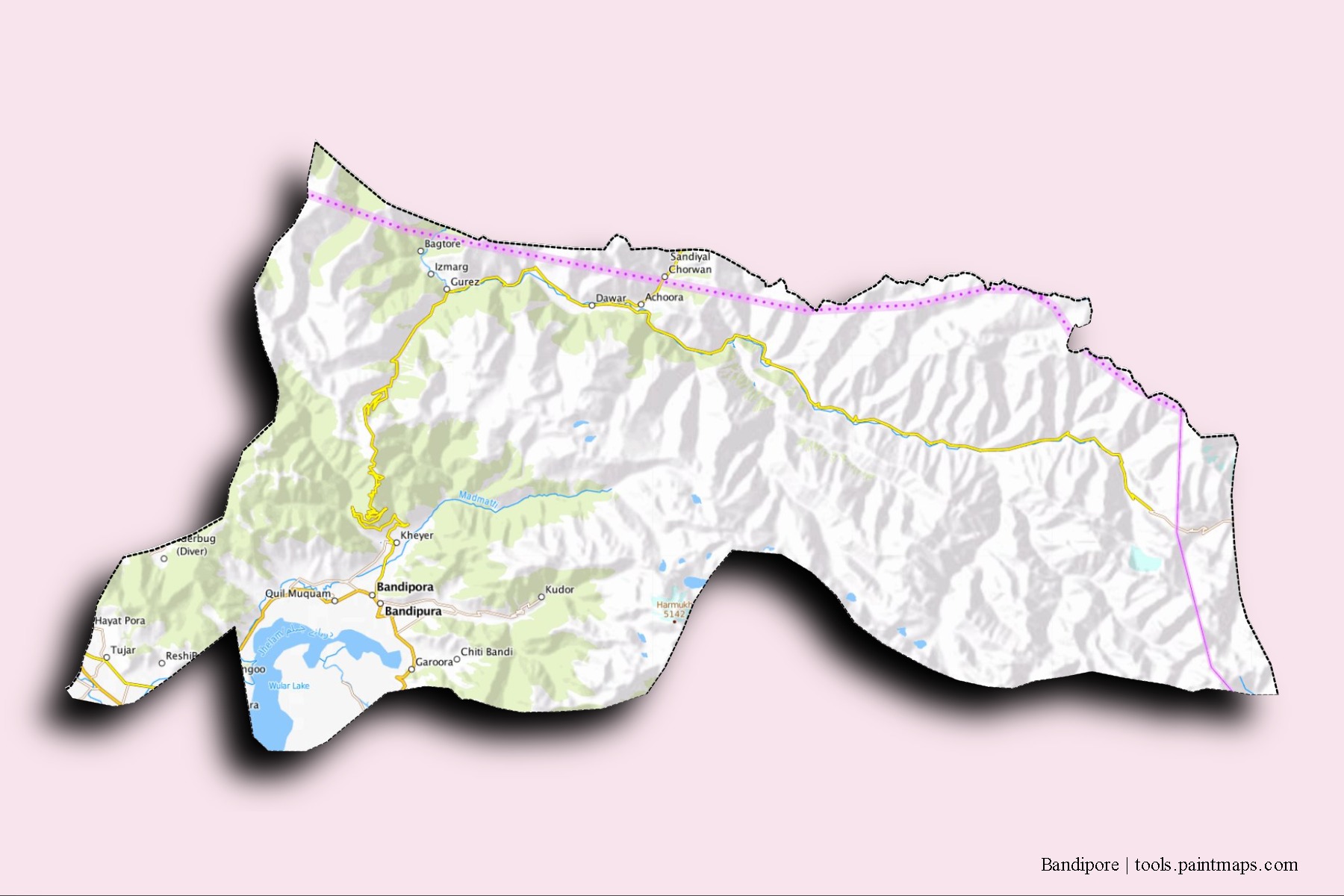 Mapa de barrios y pueblos de Bandipore con efecto de sombra 3D