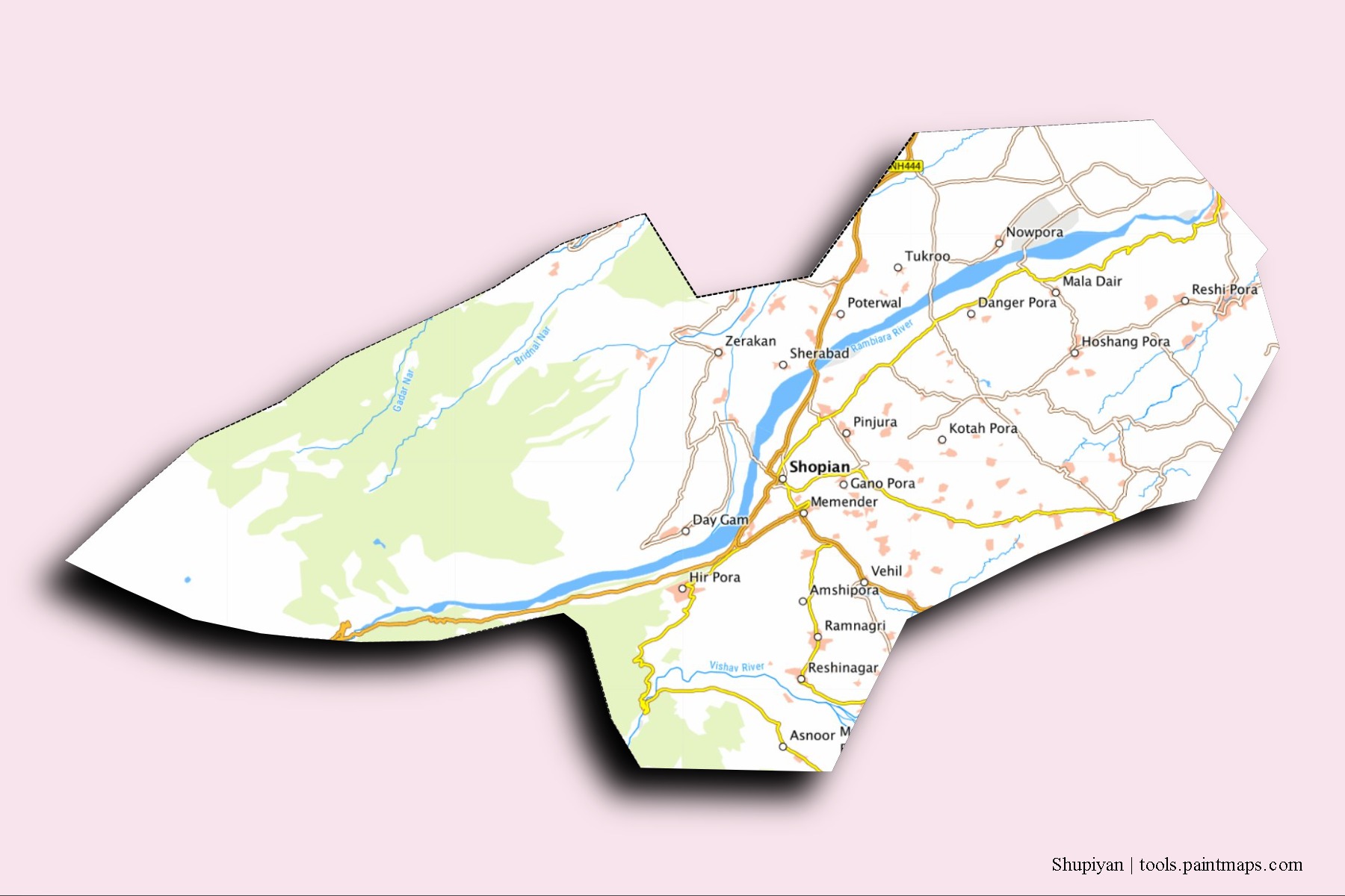 Mapa de barrios y pueblos de Shupiyan con efecto de sombra 3D