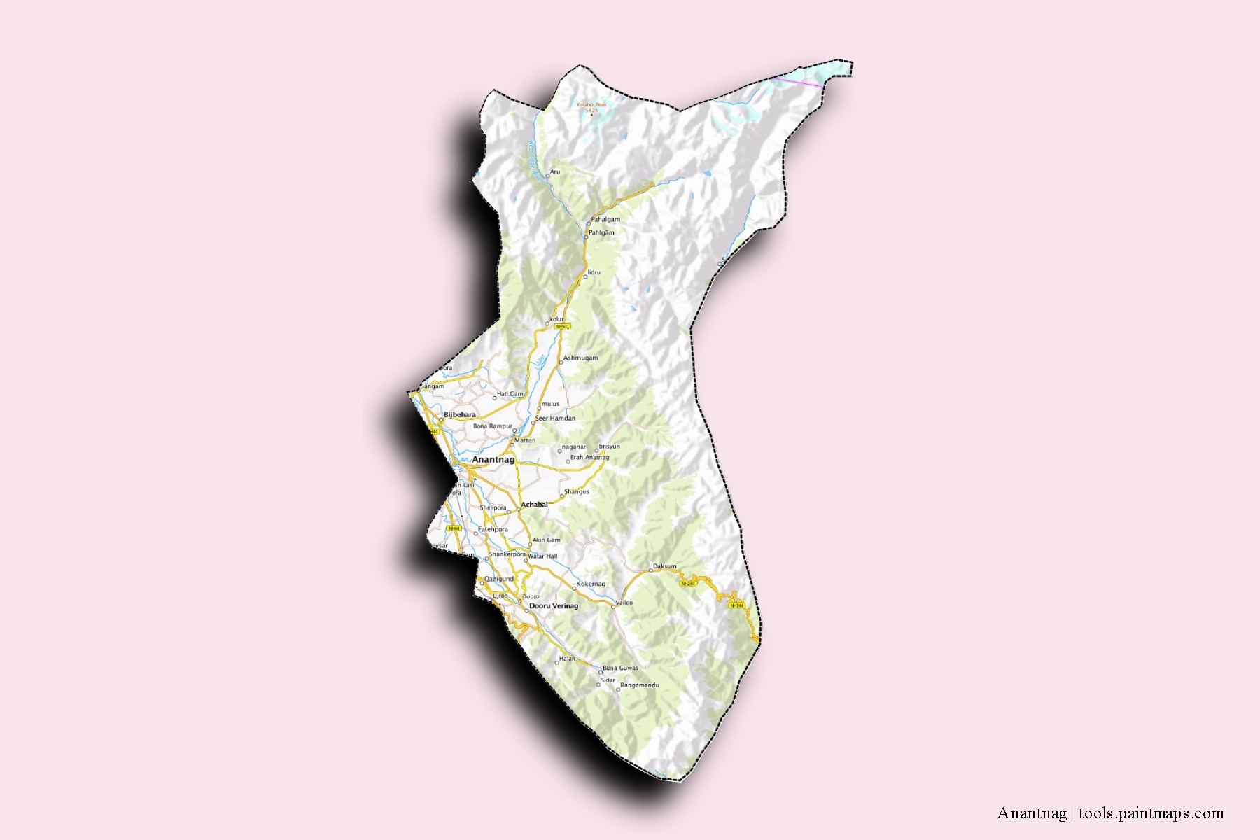 Anantnag neighborhoods and villages map with 3D shadow effect