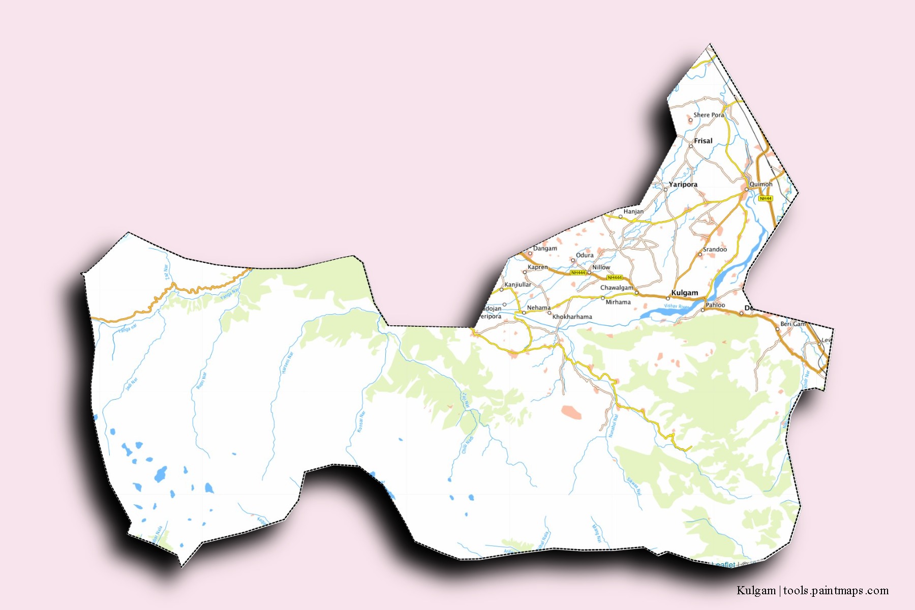 Kulgam neighborhoods and villages map with 3D shadow effect