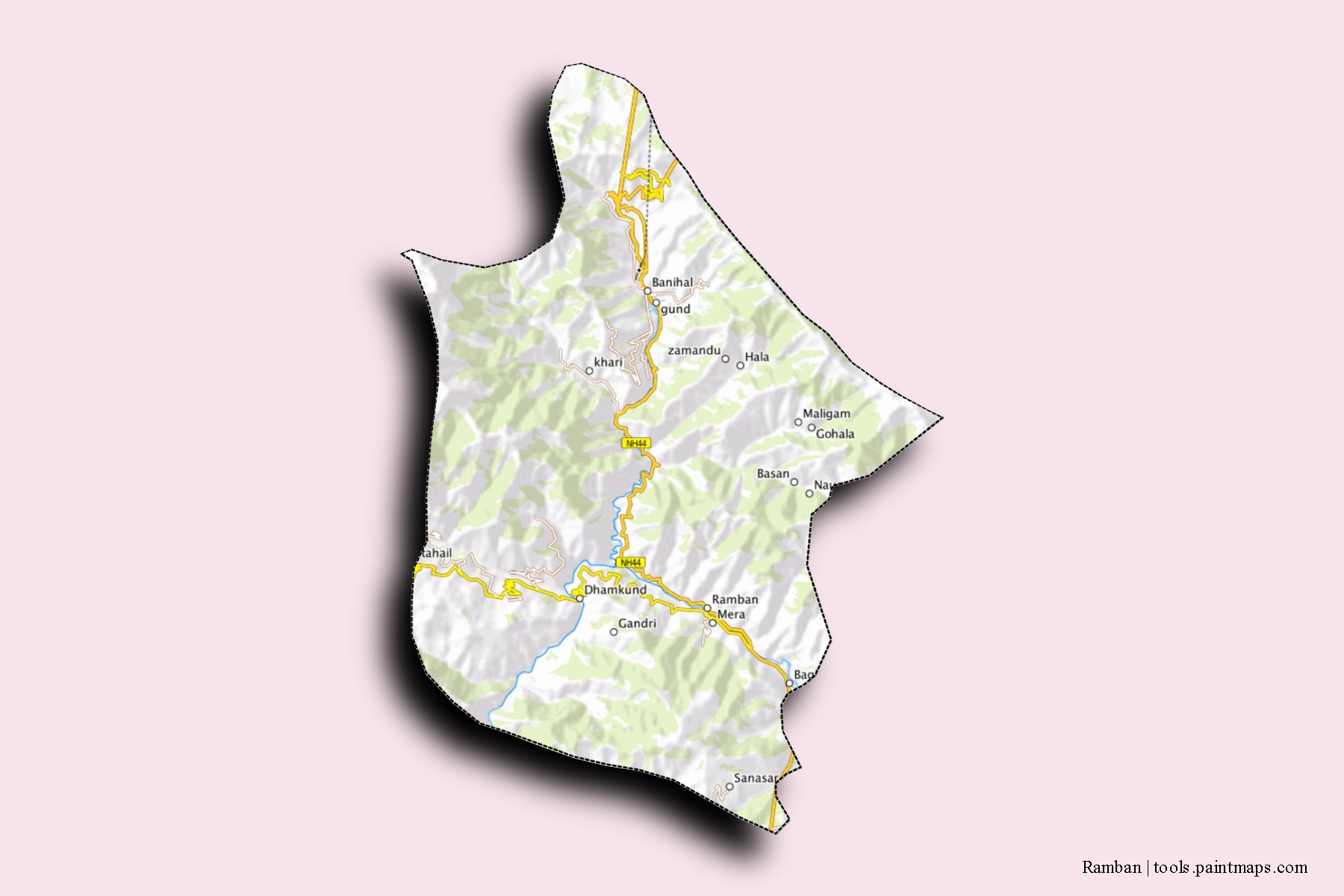 Ramban neighborhoods and villages map with 3D shadow effect