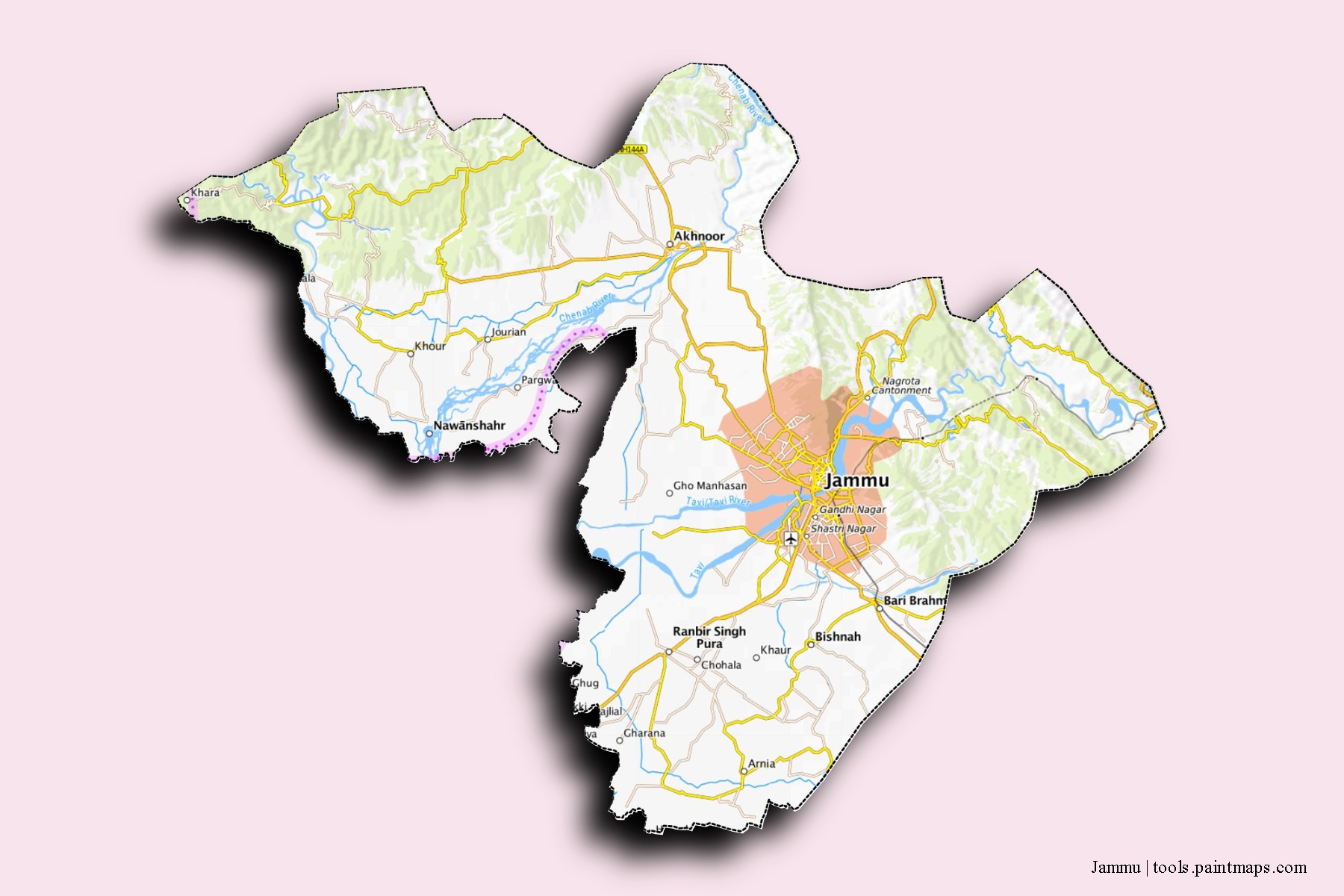 3D gölge efektli Jammu mahalleleri ve köyleri haritası