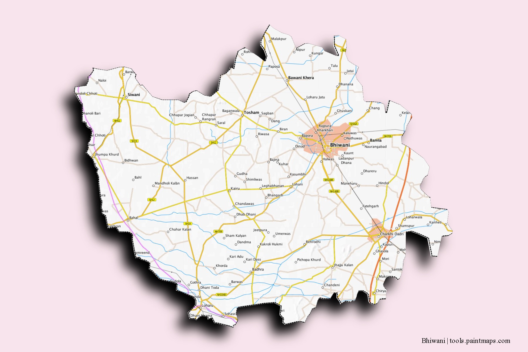 Mapa de barrios y pueblos de Bhiwani con efecto de sombra 3D