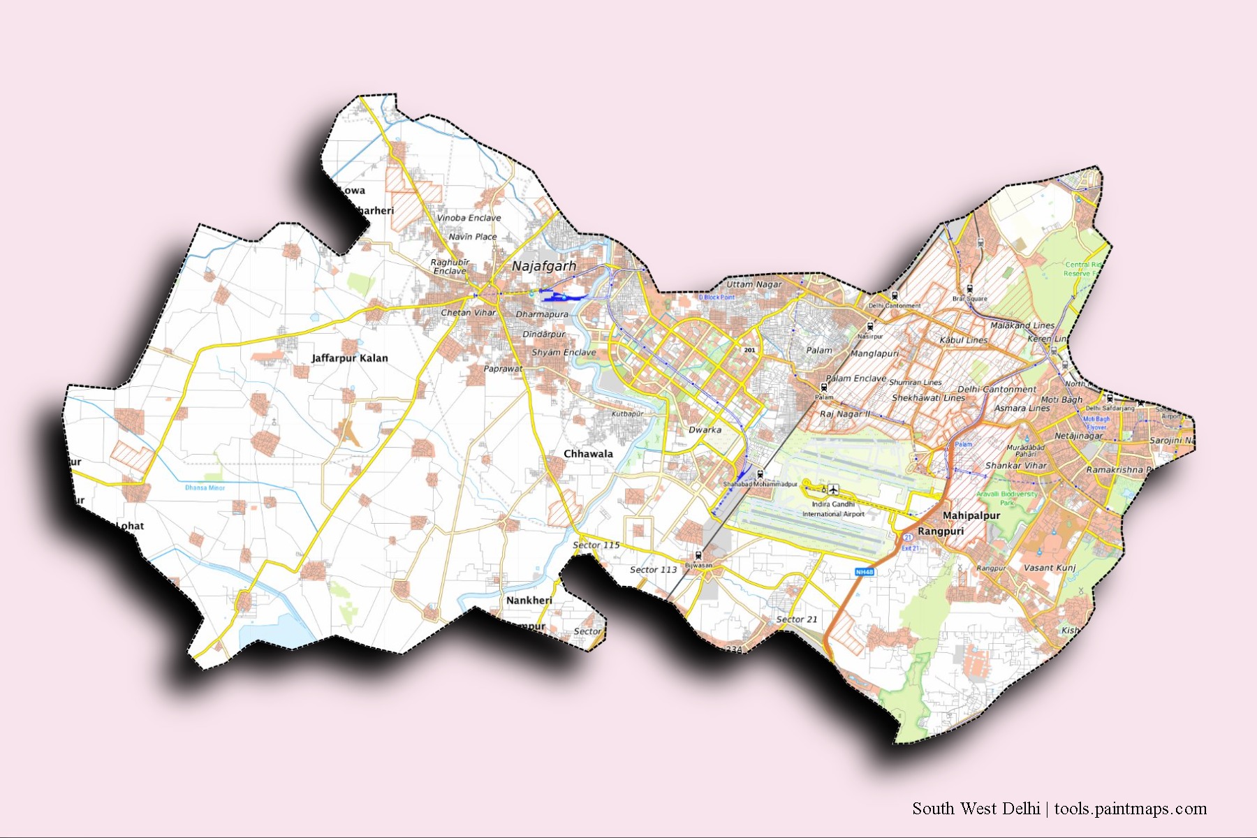 Mapa de barrios y pueblos de South West Delhi con efecto de sombra 3D