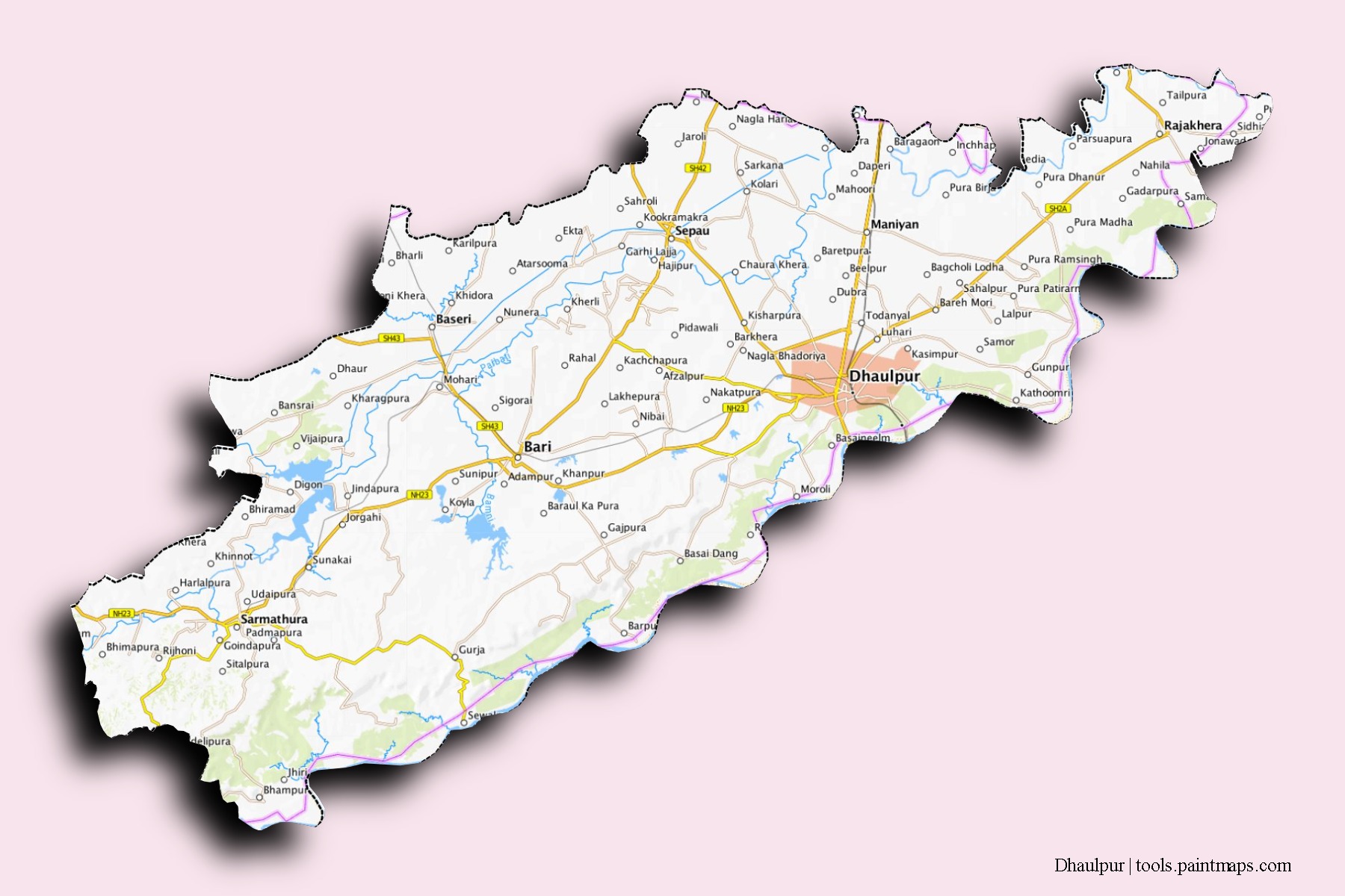 Mapa de barrios y pueblos de Dhaulpur con efecto de sombra 3D