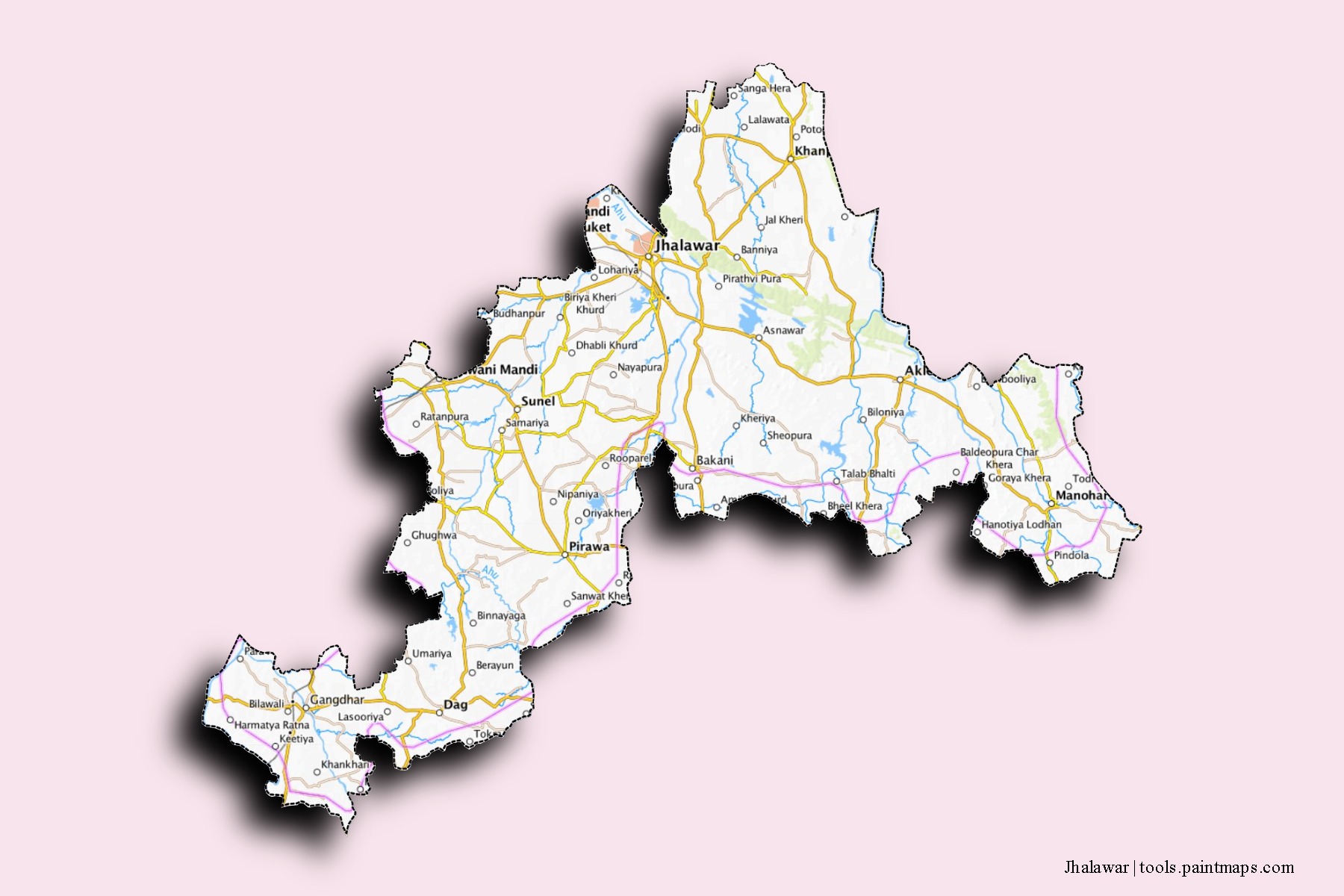 Mapa de barrios y pueblos de Jhalawar con efecto de sombra 3D