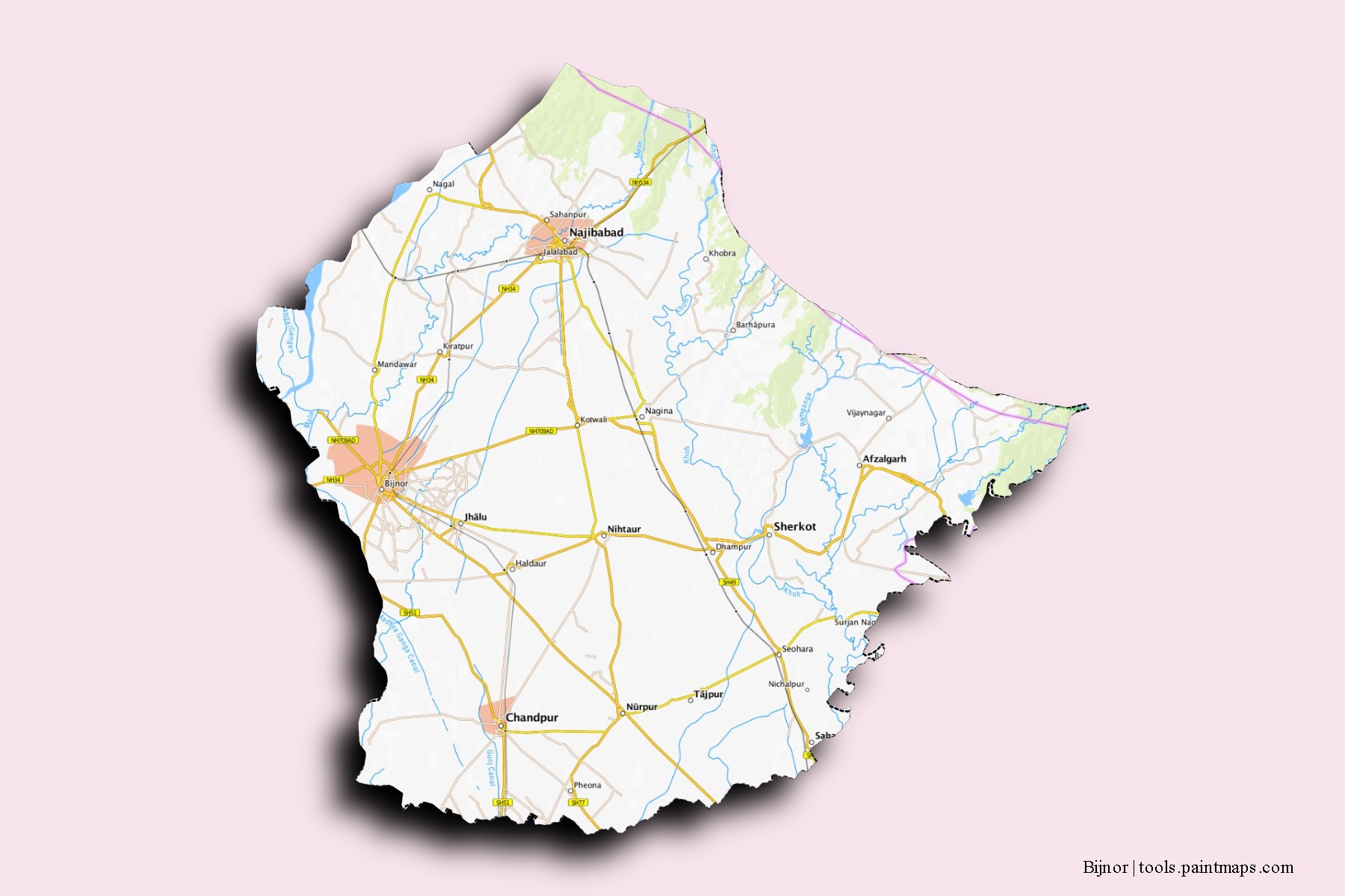 Mapa de barrios y pueblos de Bijnor con efecto de sombra 3D