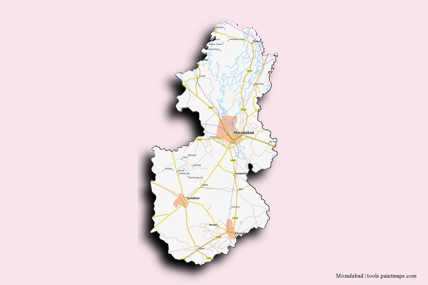 Moradabad neighborhoods and villages map with 3D shadow effect