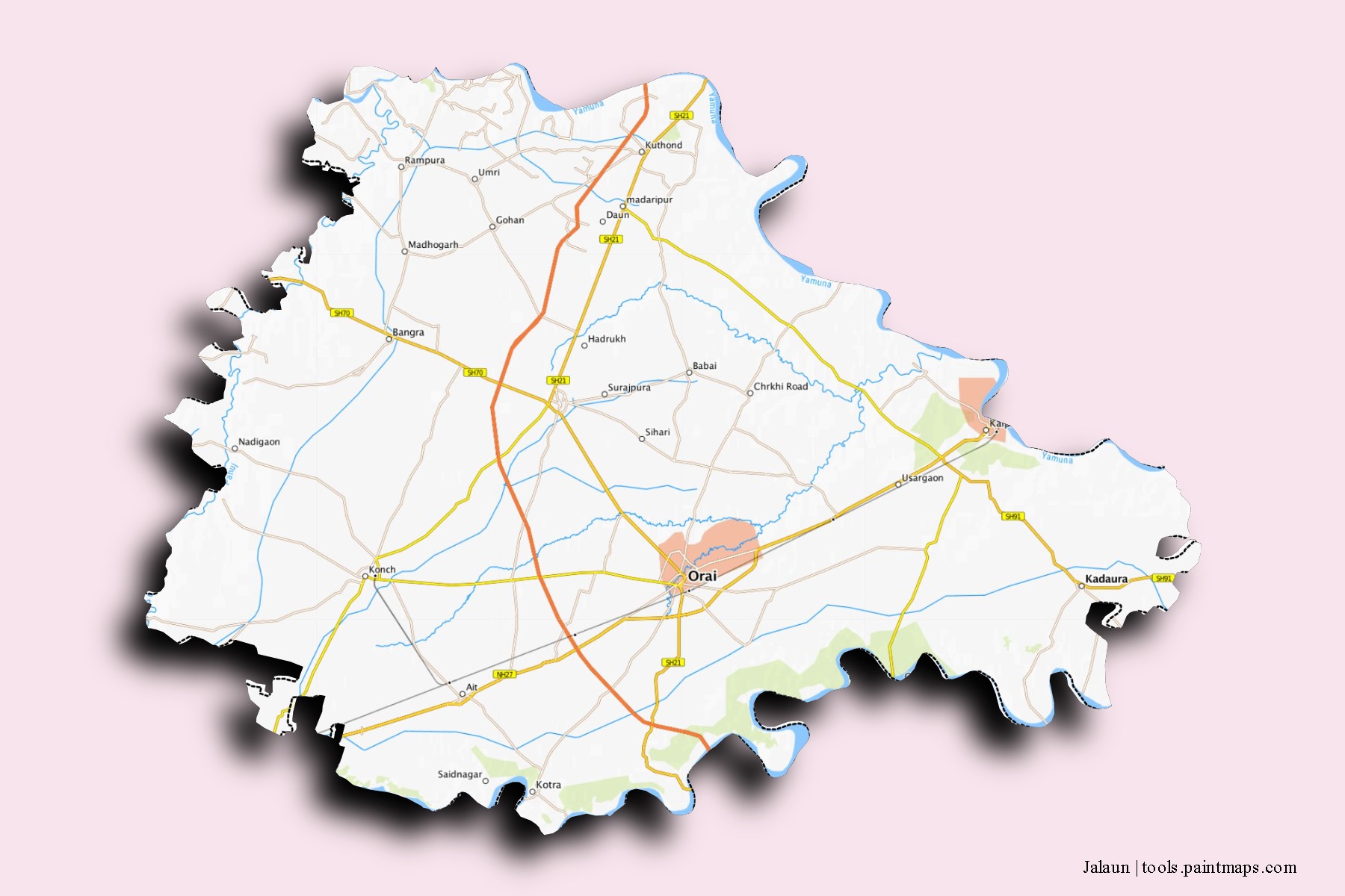 Mapa de barrios y pueblos de Jalaun con efecto de sombra 3D