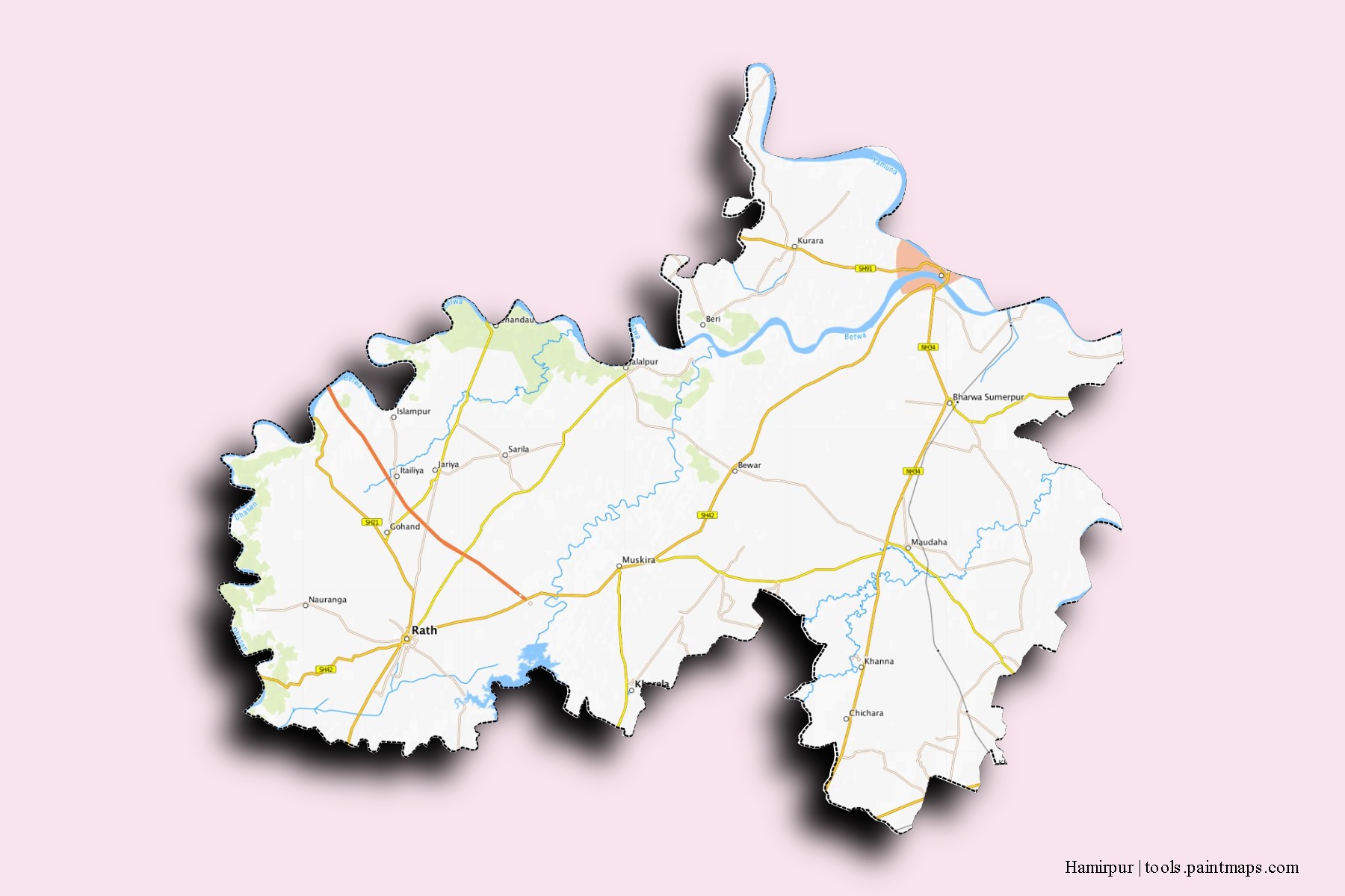 Hamirpur neighborhoods and villages map with 3D shadow effect