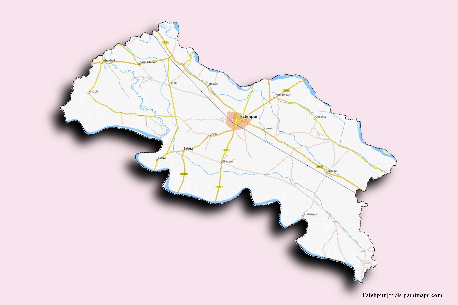 Mapa de barrios y pueblos de Fatehpur con efecto de sombra 3D