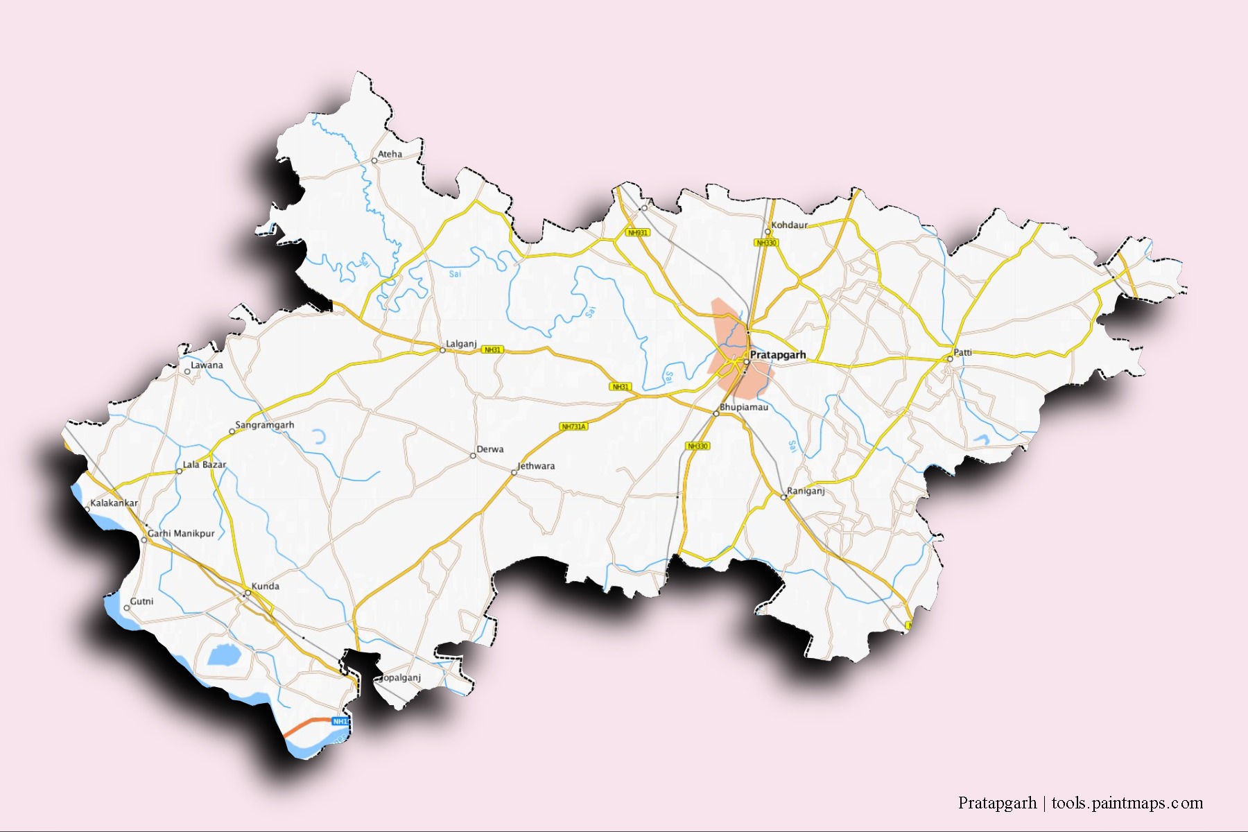 3D gölge efektli Pratapgarh mahalleleri ve köyleri haritası