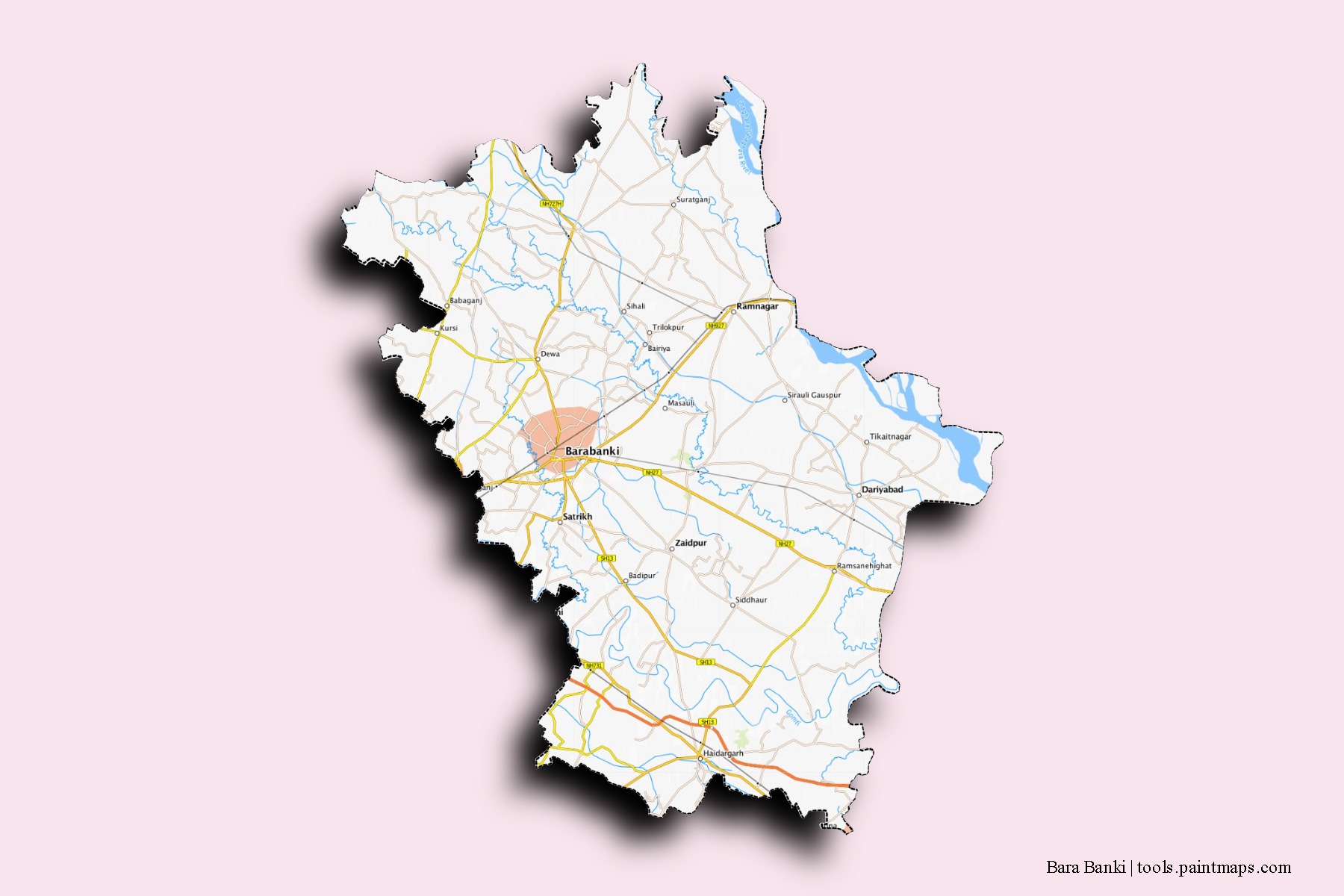 Mapa de barrios y pueblos de Bara Banki con efecto de sombra 3D