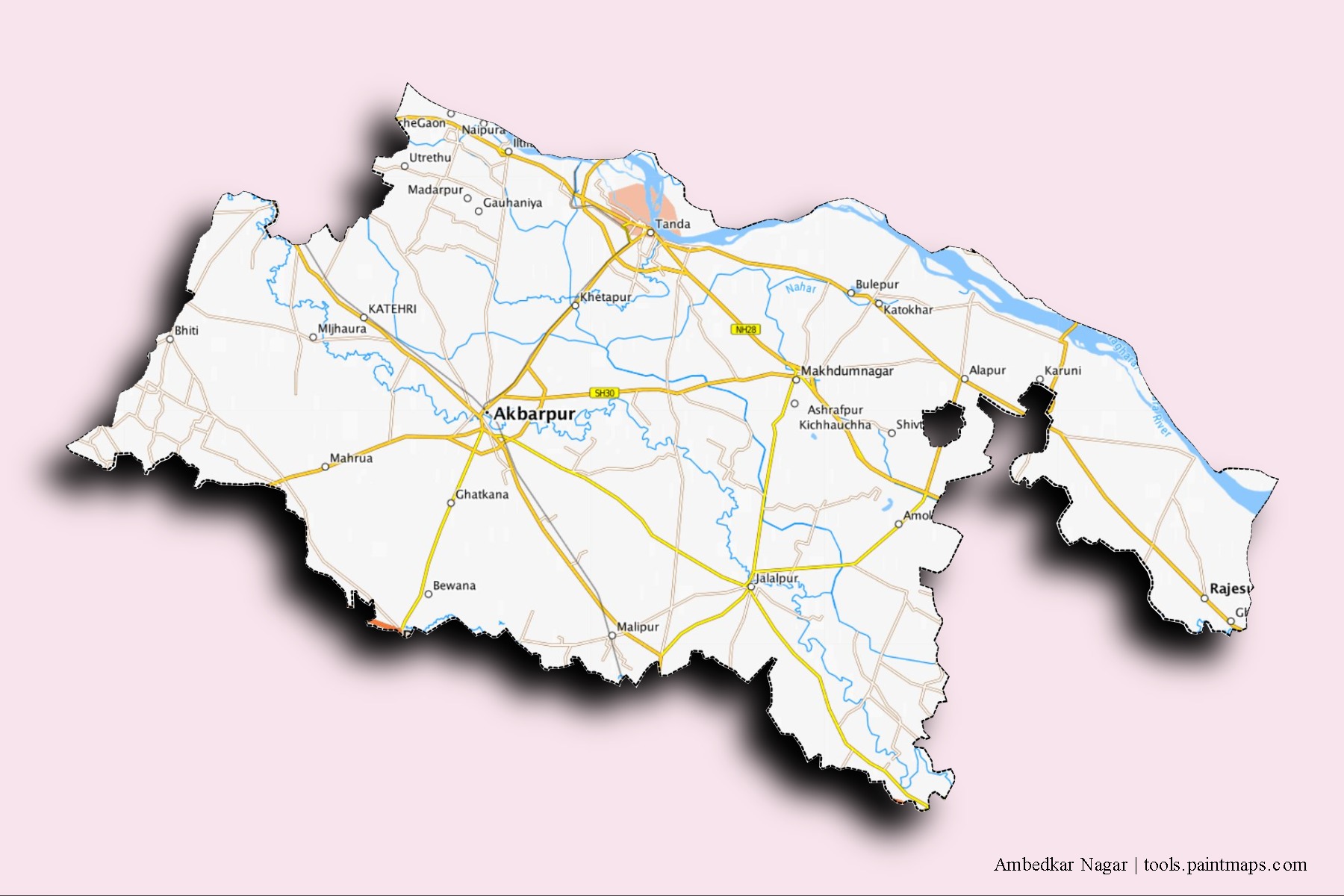 Mapa de barrios y pueblos de Ambedkar Nagar con efecto de sombra 3D