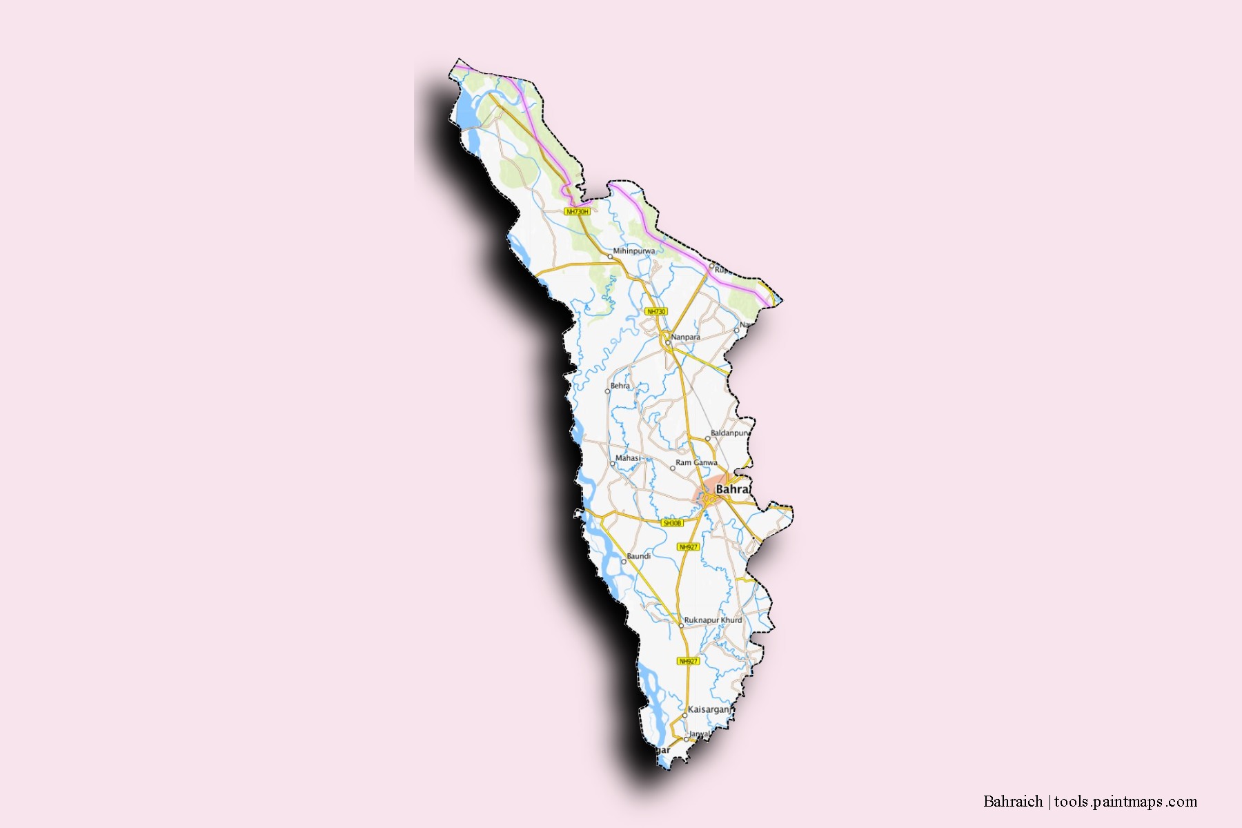 Mapa de barrios y pueblos de Bahraich con efecto de sombra 3D