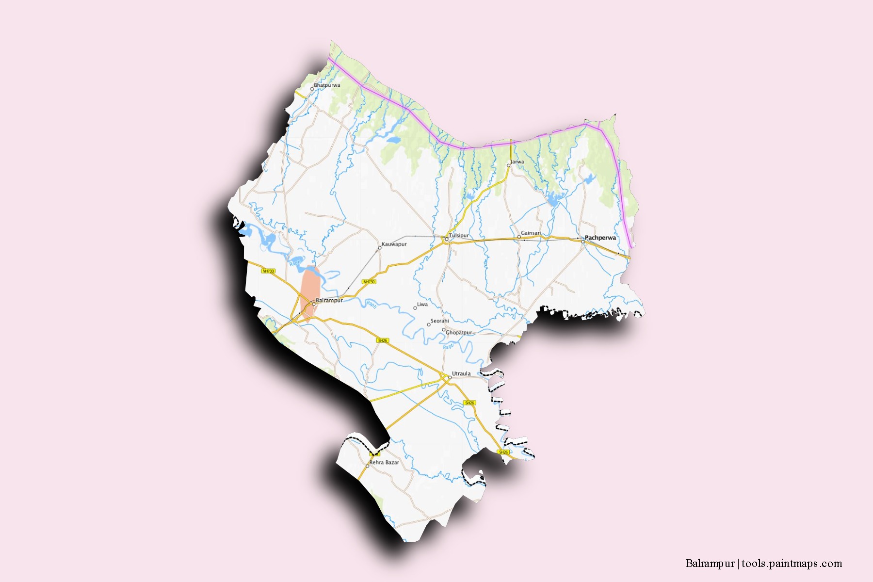 Balrampur neighborhoods and villages map with 3D shadow effect