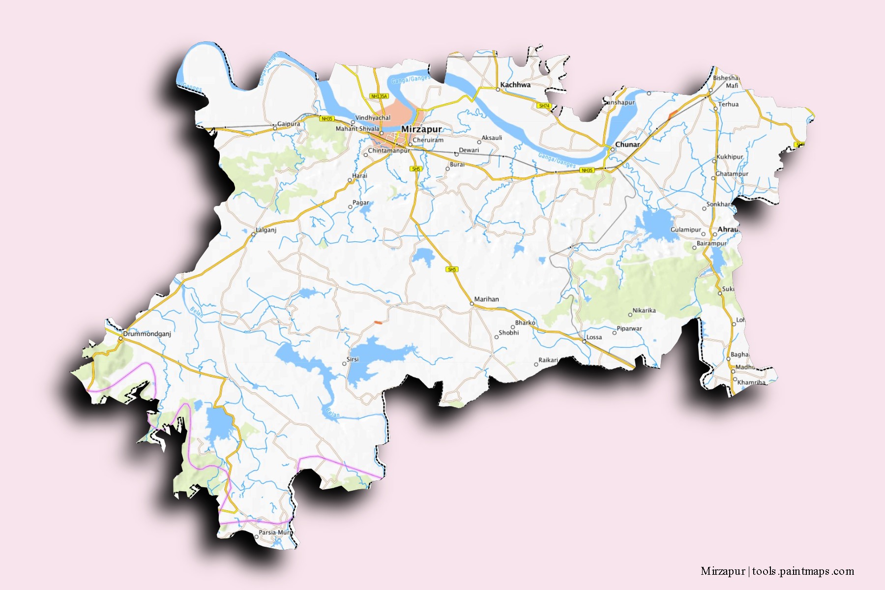 Mirzapur neighborhoods and villages map with 3D shadow effect