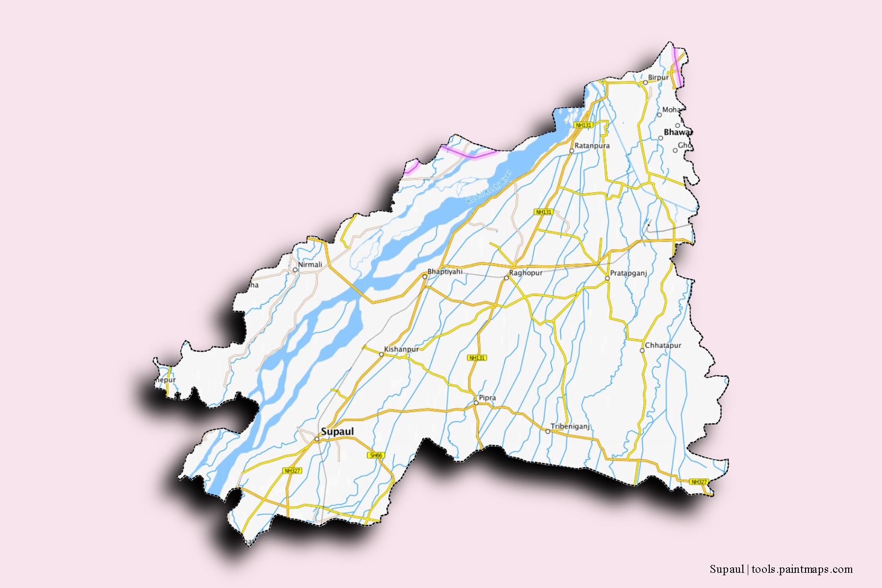 3D gölge efektli Supaul mahalleleri ve köyleri haritası