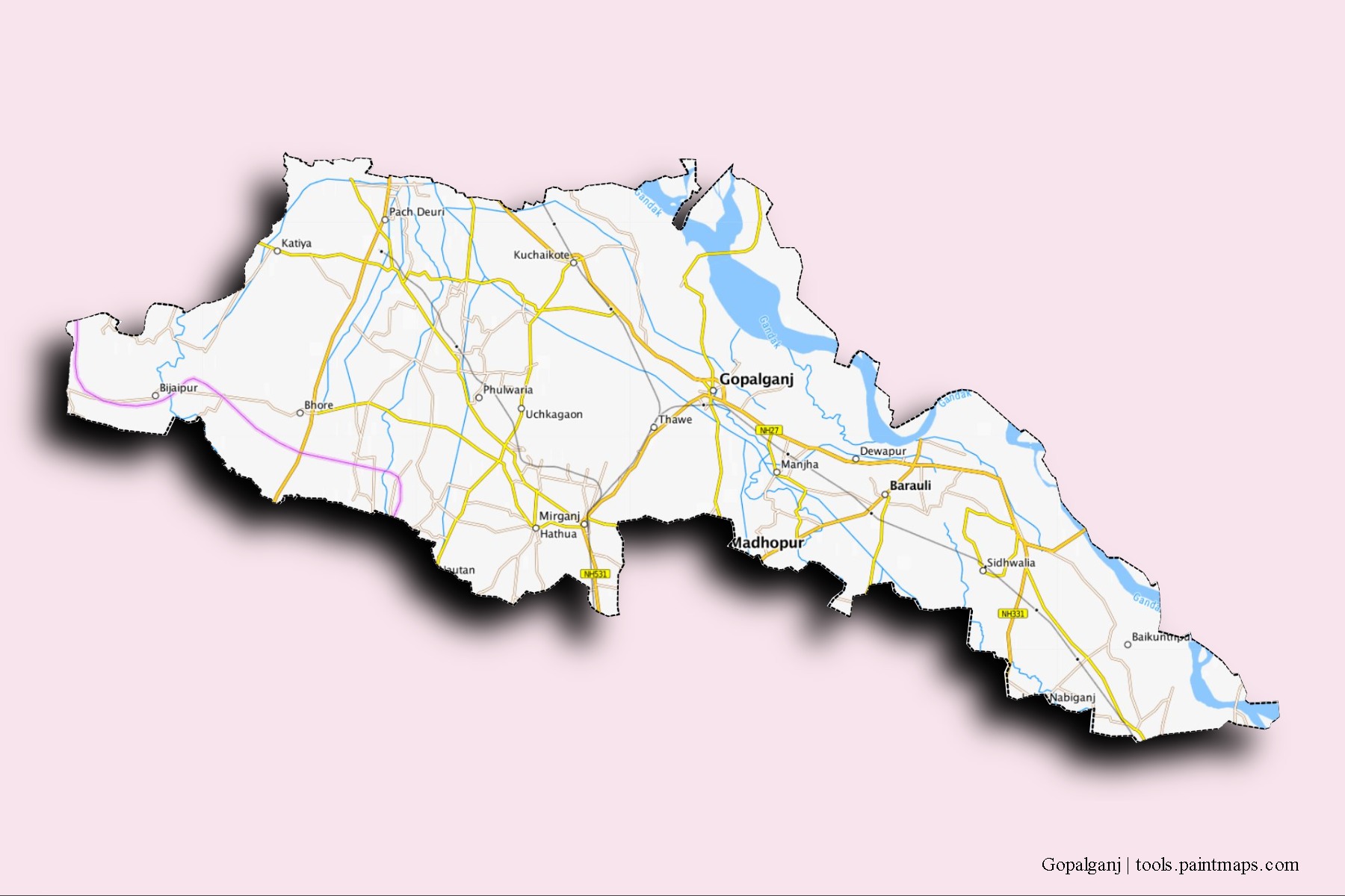 Gopalganj neighborhoods and villages map with 3D shadow effect