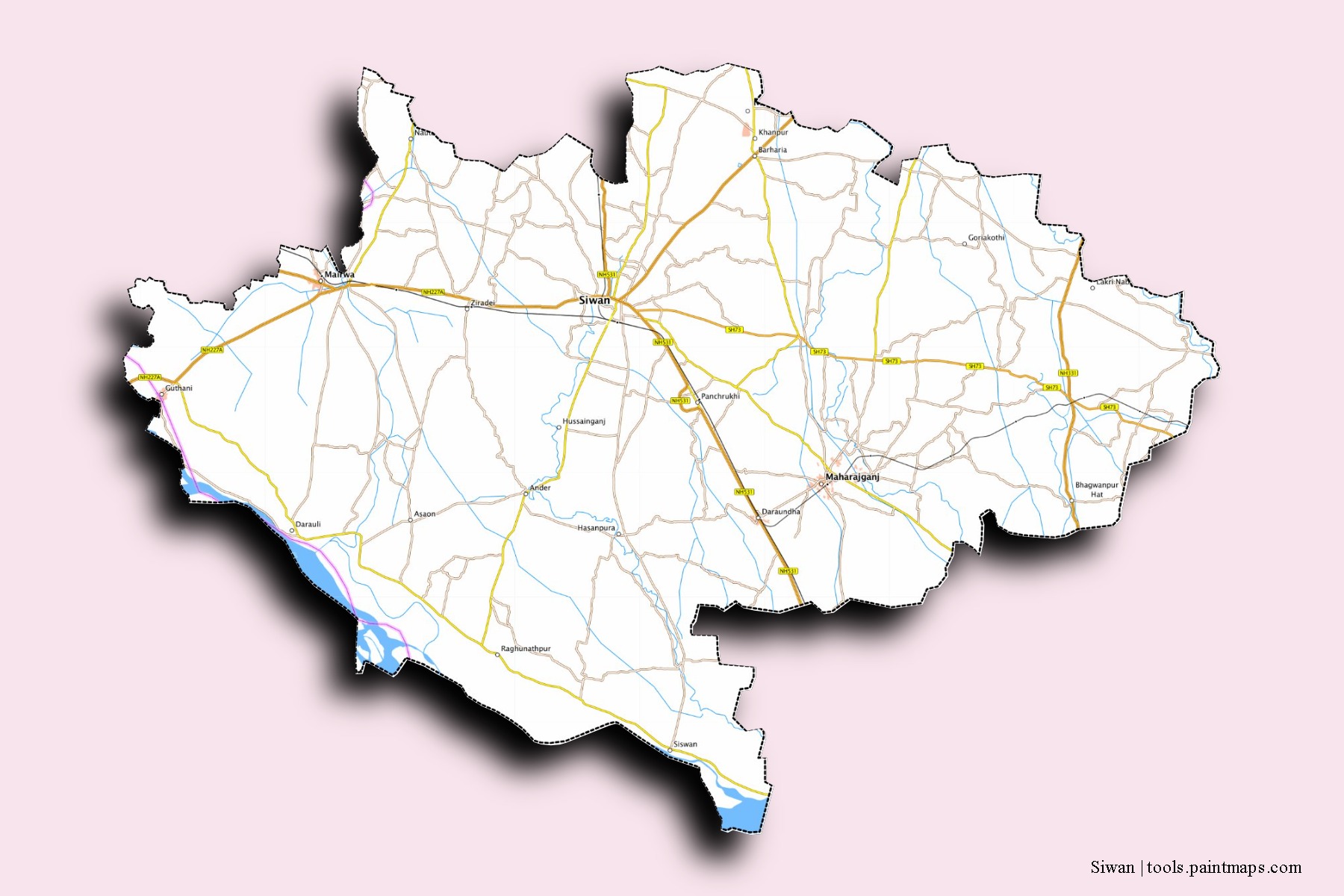 Mapa de barrios y pueblos de Siwan con efecto de sombra 3D