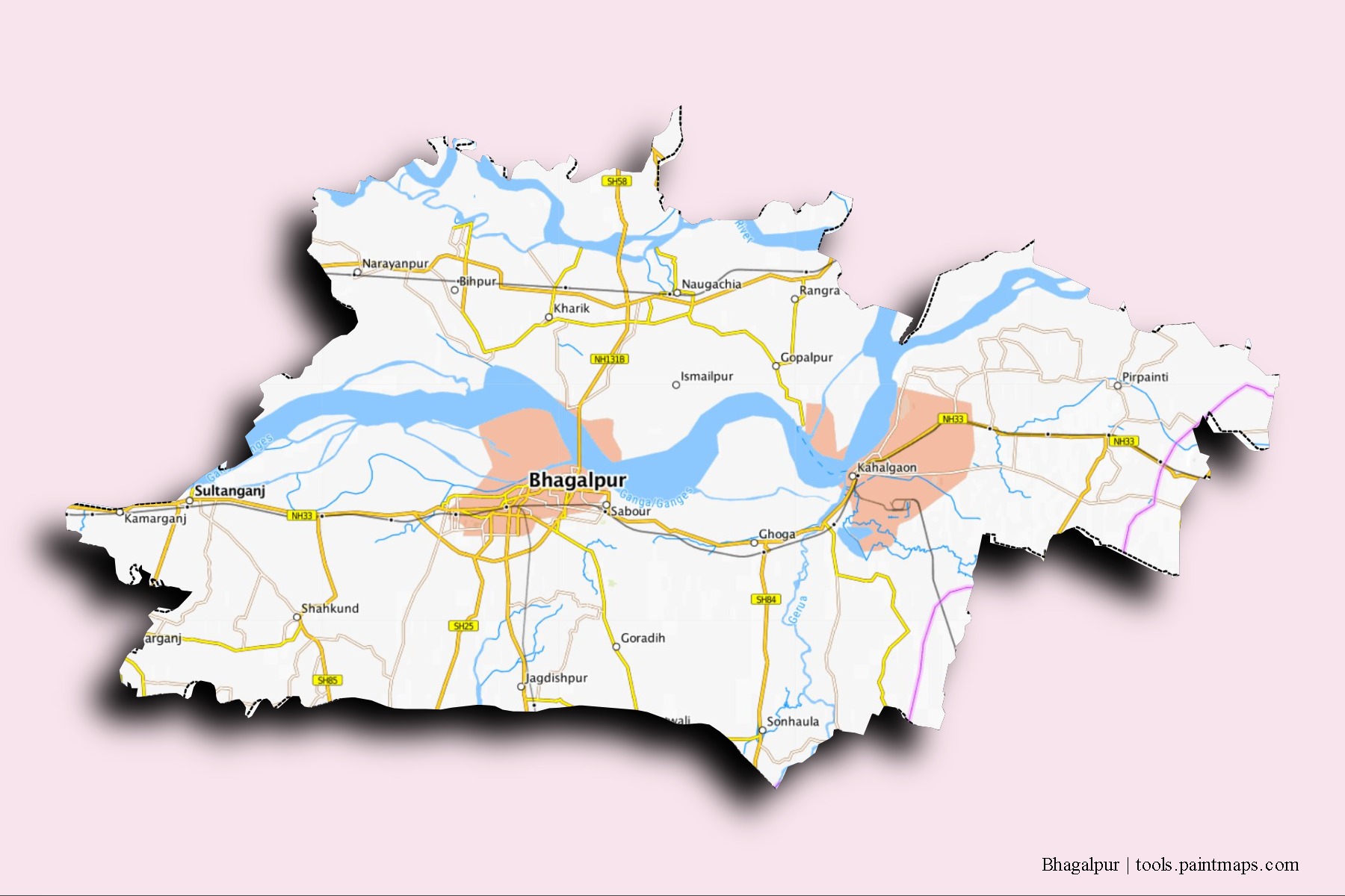 Mapa de barrios y pueblos de Bhagalpur con efecto de sombra 3D