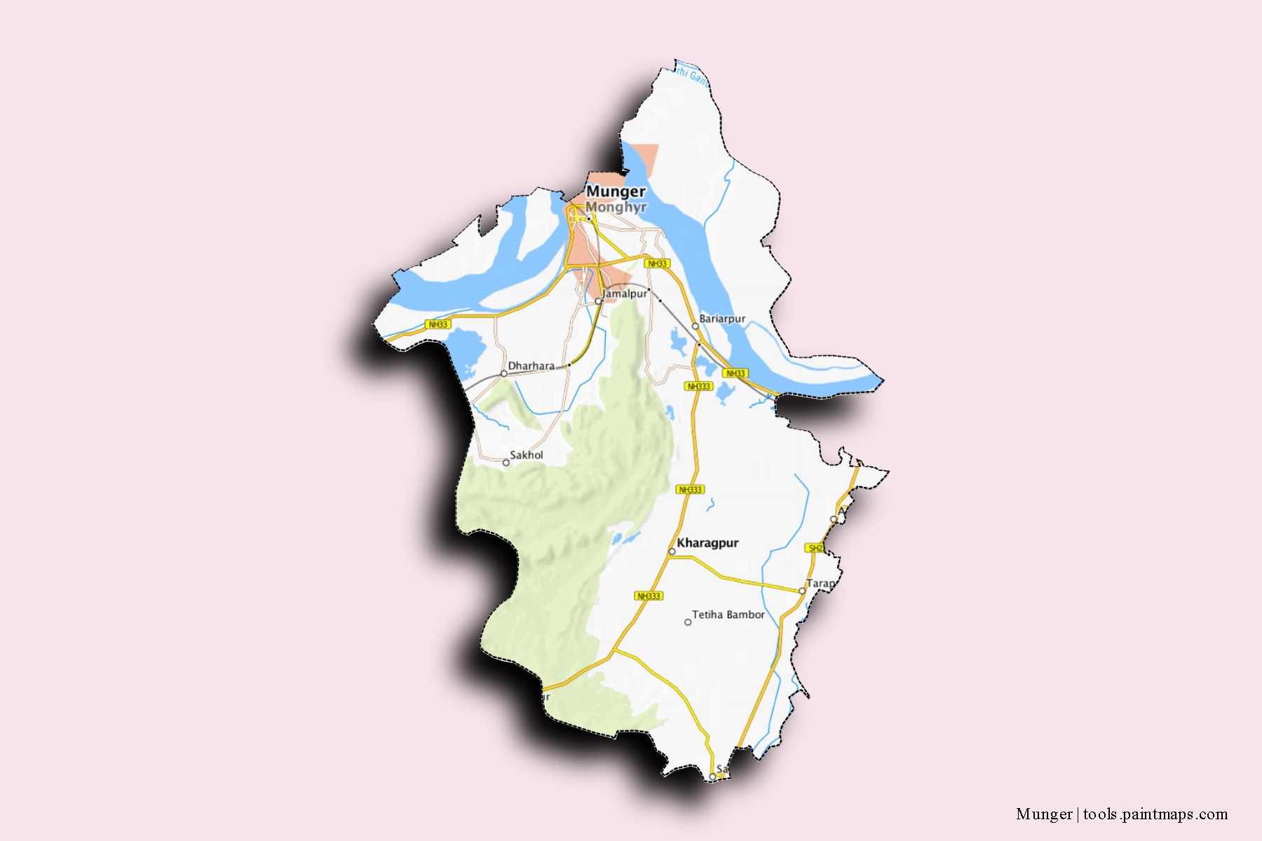 Mapa de barrios y pueblos de Munger con efecto de sombra 3D