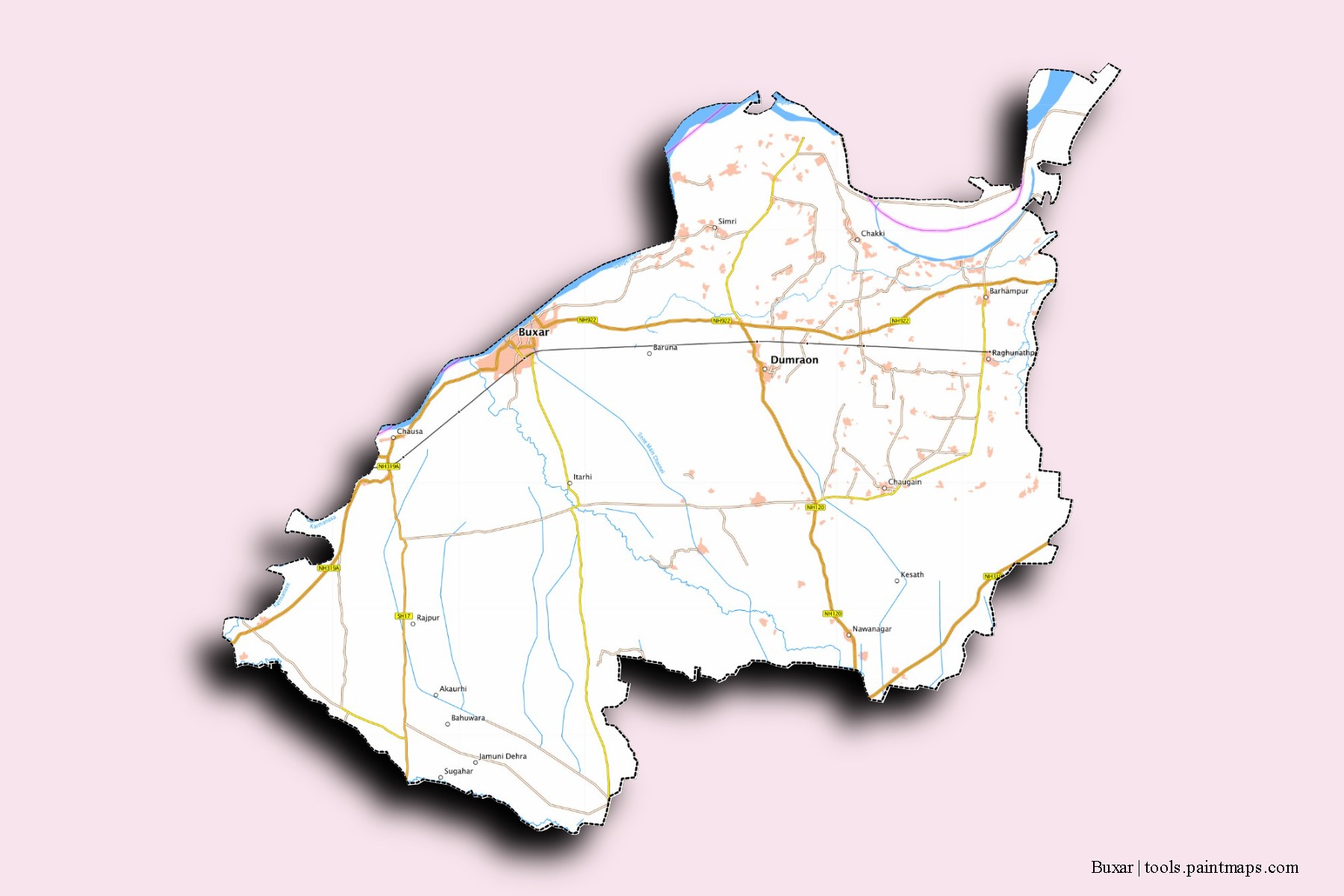 Mapa de barrios y pueblos de Buxar con efecto de sombra 3D