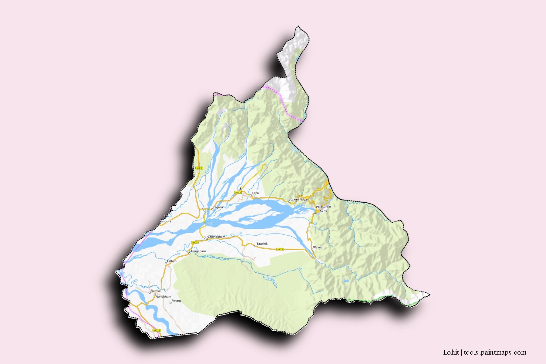 Lohit neighborhoods and villages map with 3D shadow effect