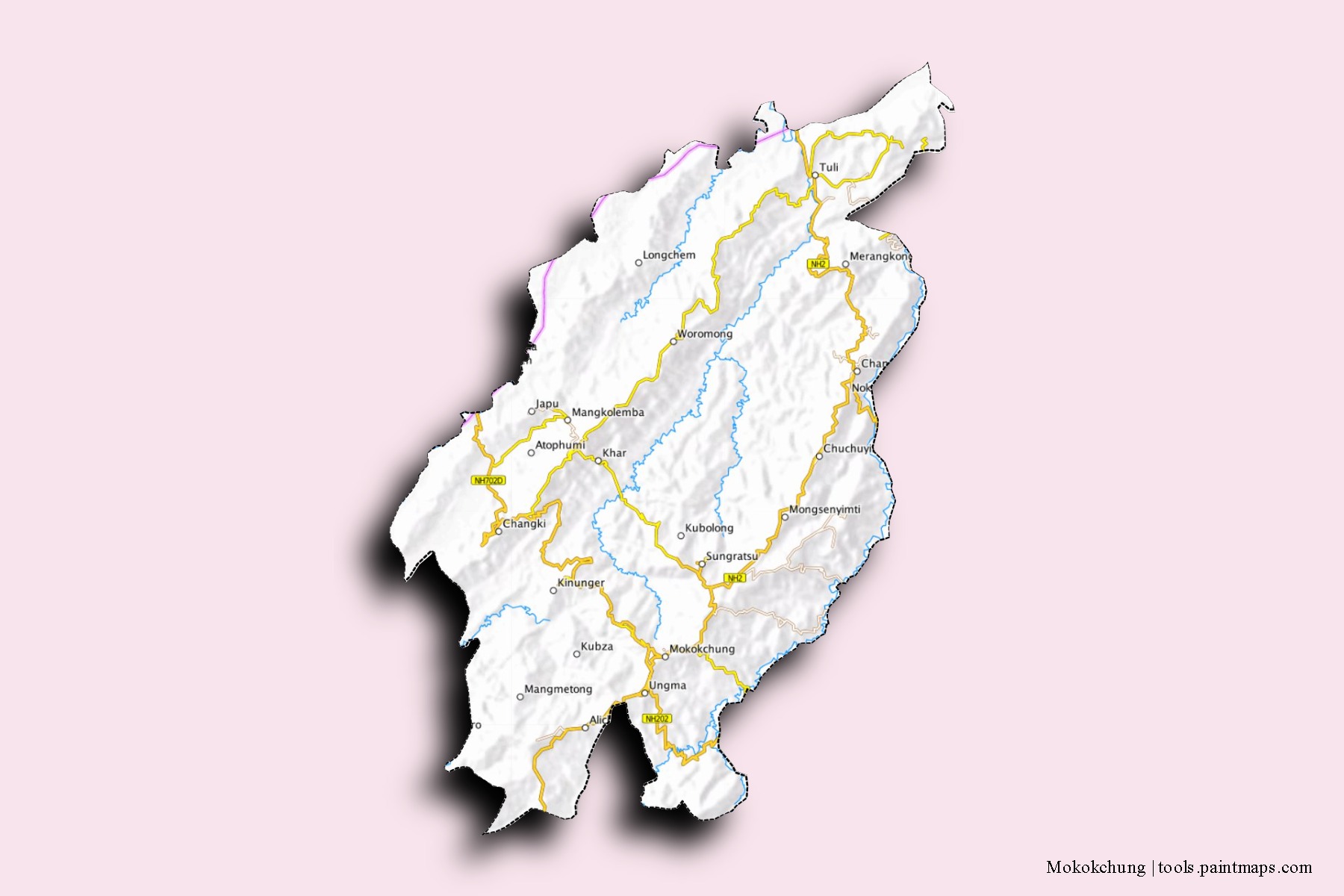 Mokokchung neighborhoods and villages map with 3D shadow effect