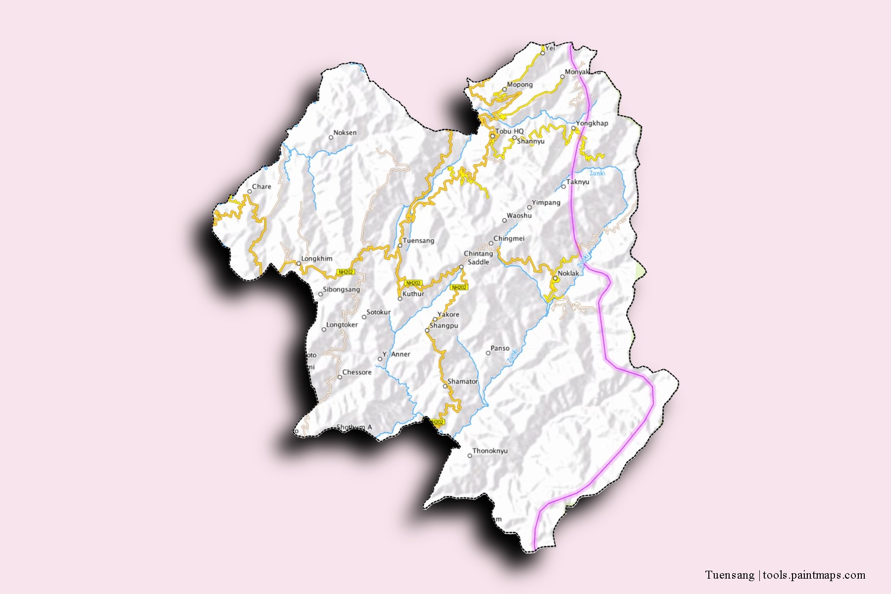 Tuensang neighborhoods and villages map with 3D shadow effect