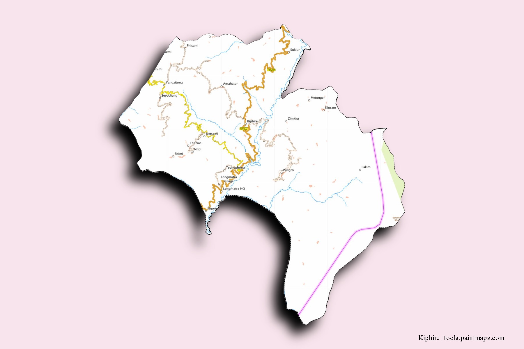 Mapa de barrios y pueblos de Kiphire con efecto de sombra 3D