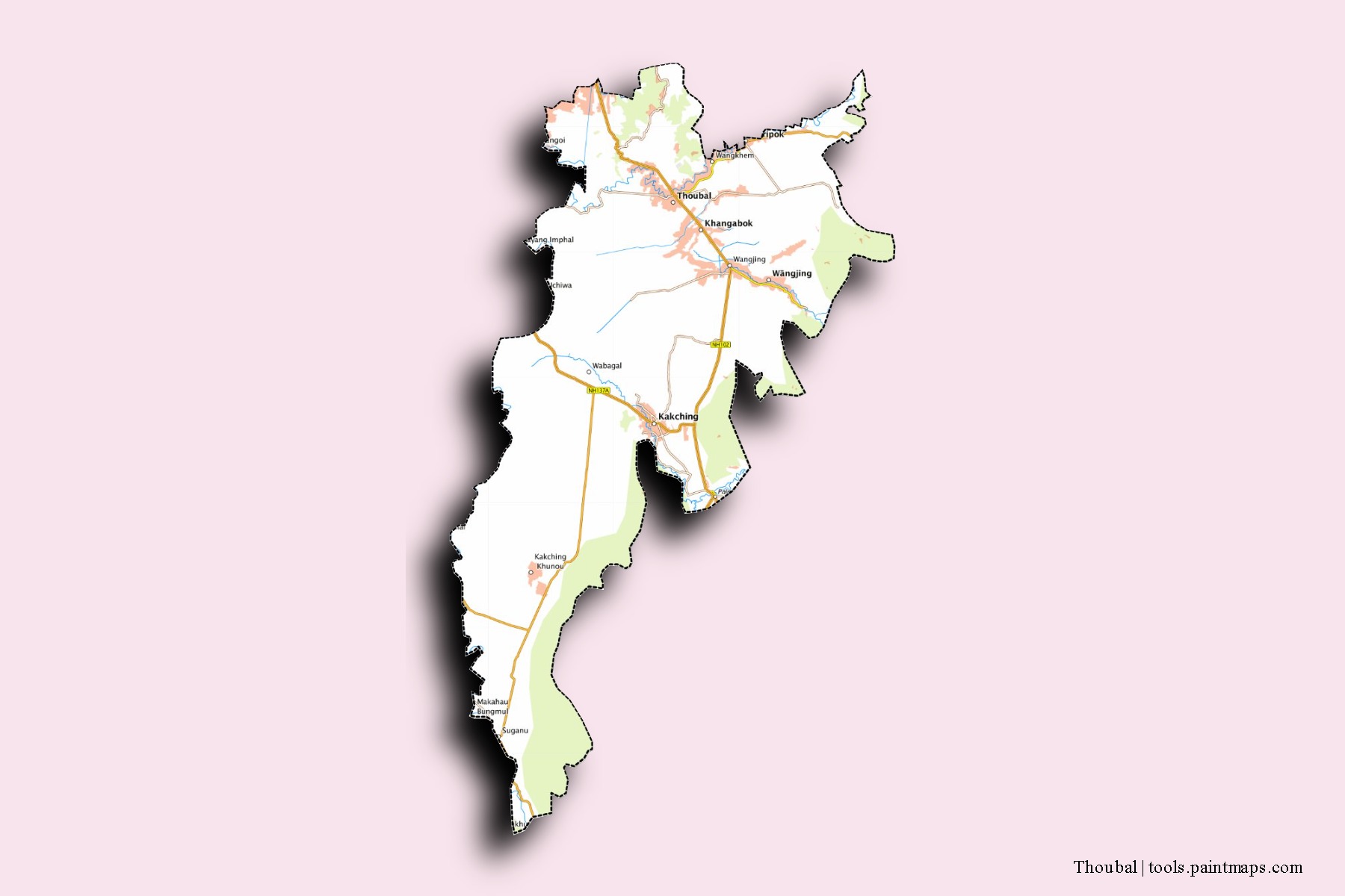 Thoubal neighborhoods and villages map with 3D shadow effect