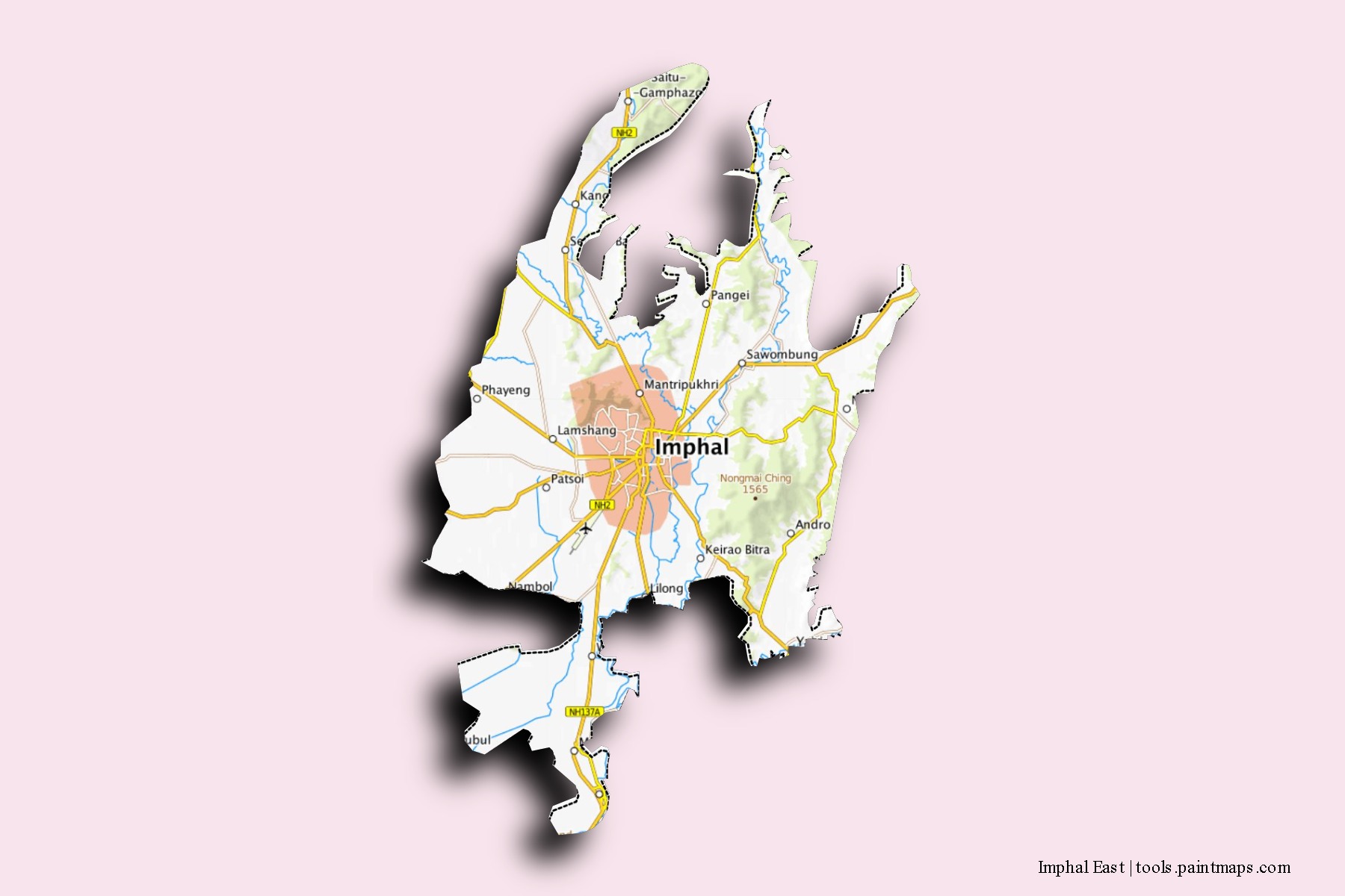 Mapa de barrios y pueblos de Imphal East con efecto de sombra 3D