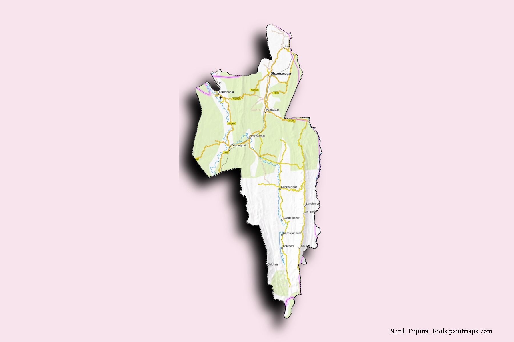 North Tripura neighborhoods and villages map with 3D shadow effect