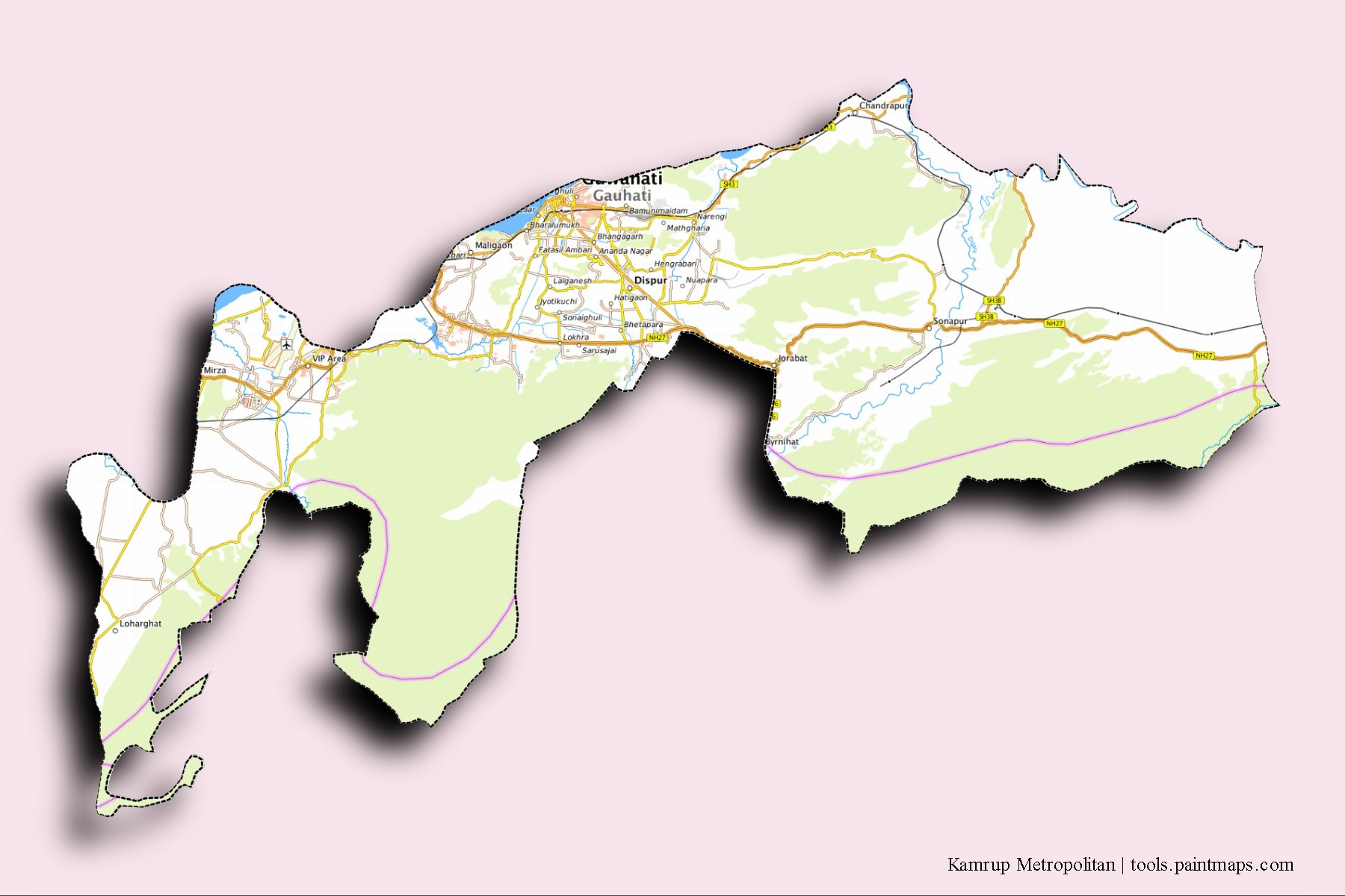 Mapa de barrios y pueblos de Kamrup Metropolitan con efecto de sombra 3D