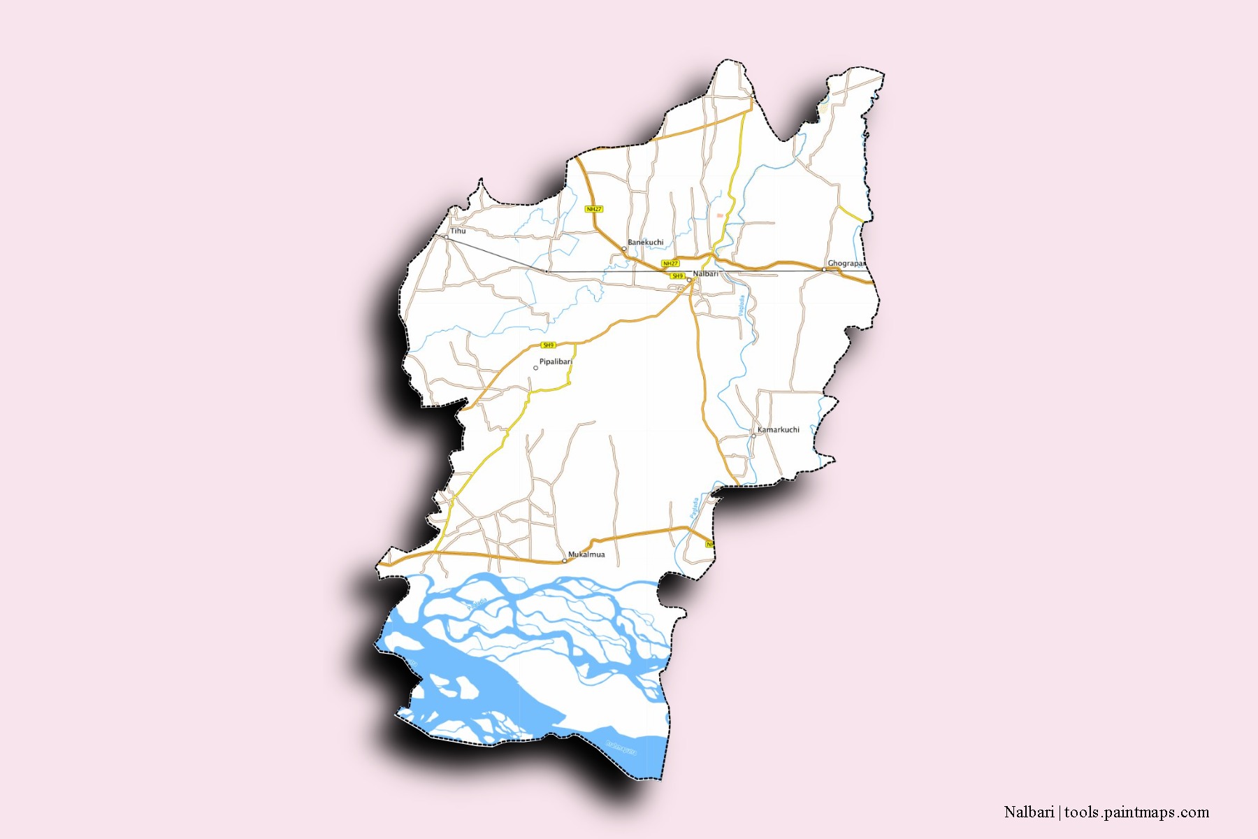 Mapa de barrios y pueblos de Nalbari con efecto de sombra 3D