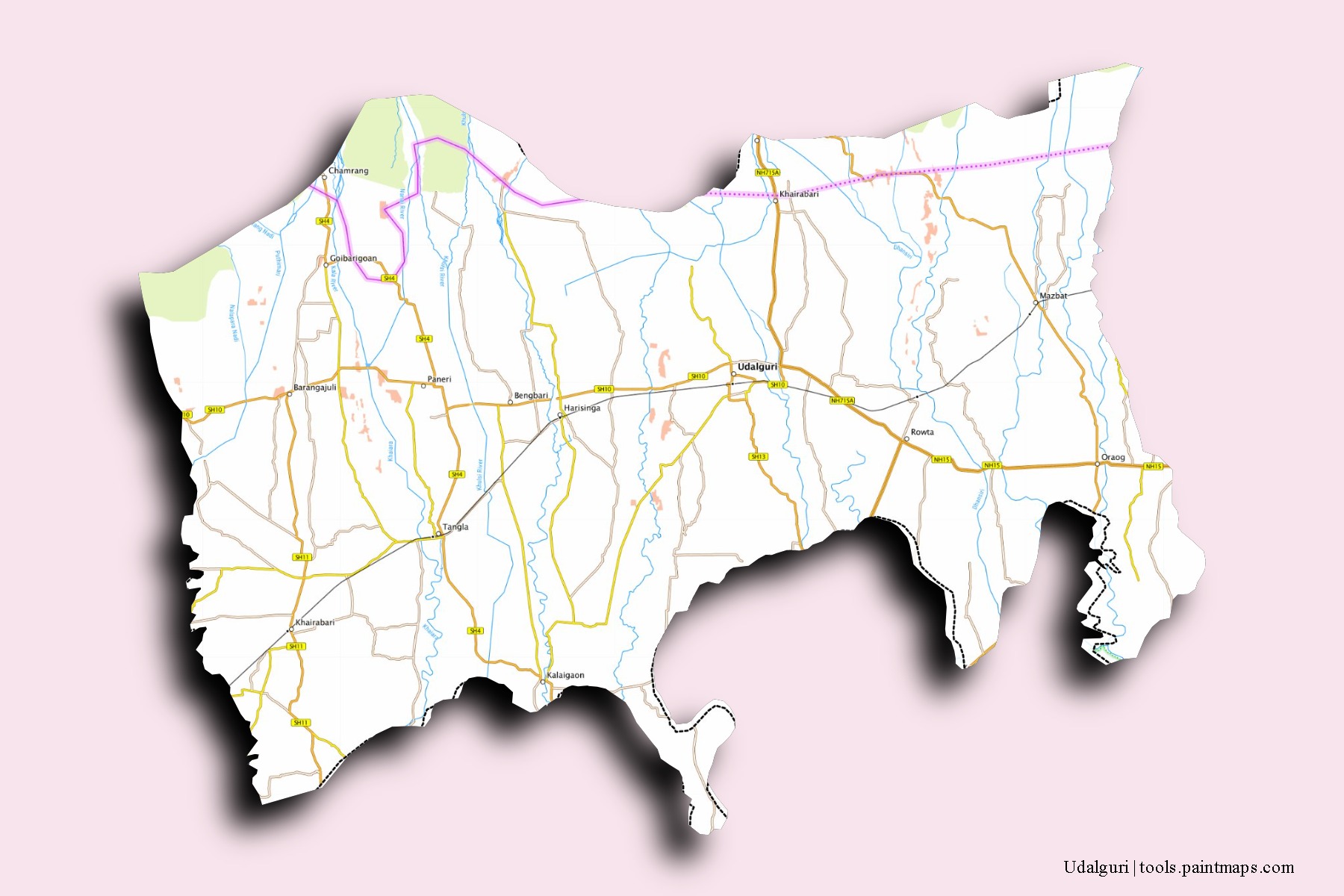 Udalguri neighborhoods and villages map with 3D shadow effect