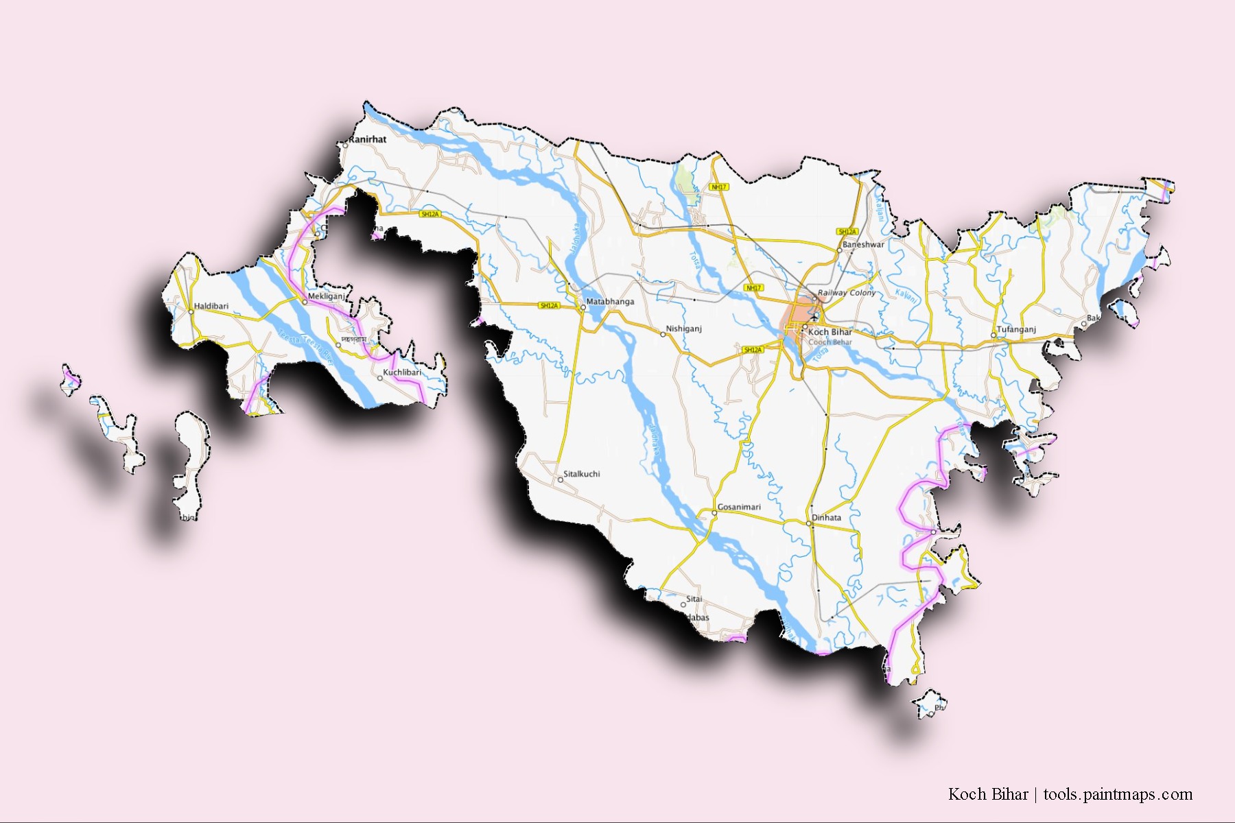 Koch Bihar neighborhoods and villages map with 3D shadow effect