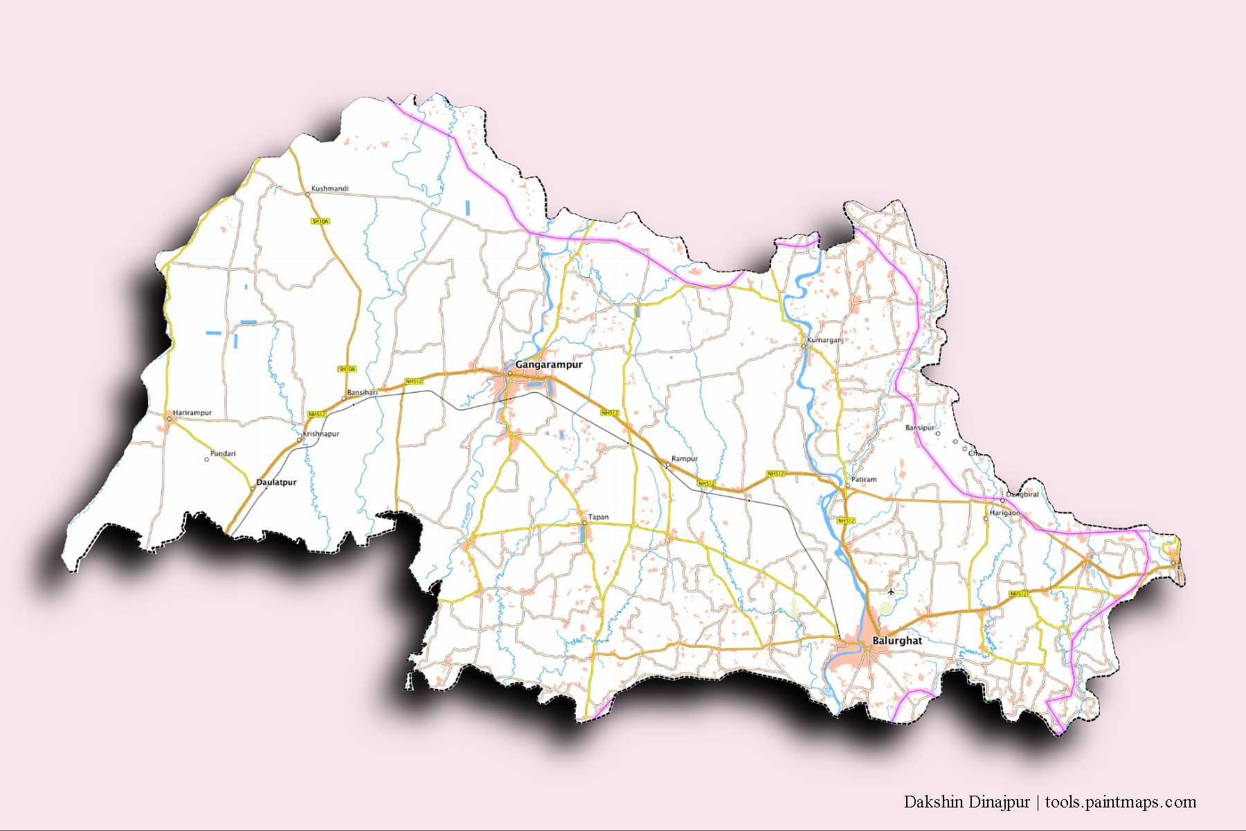 Mapa de barrios y pueblos de Dakshin Dinajpur con efecto de sombra 3D