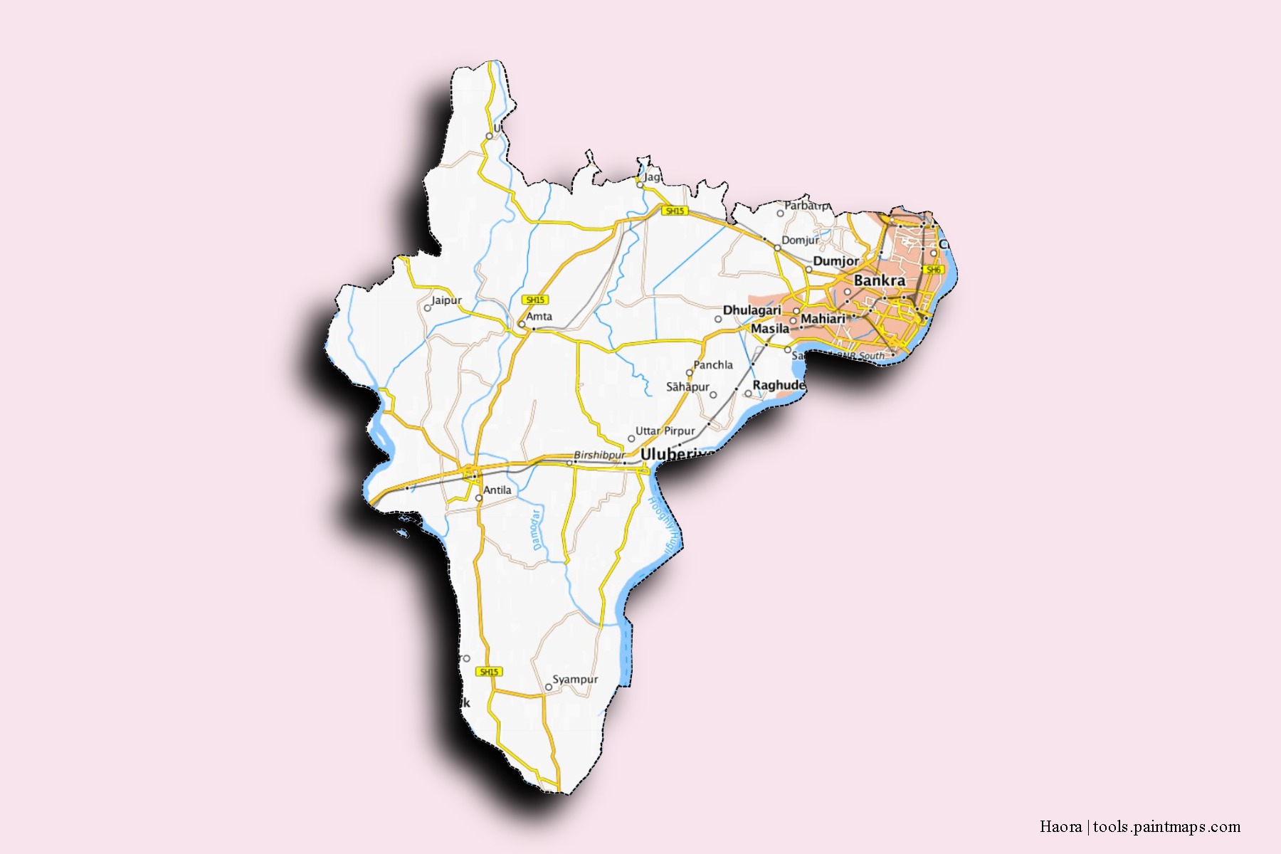 Mapa de barrios y pueblos de Haora con efecto de sombra 3D