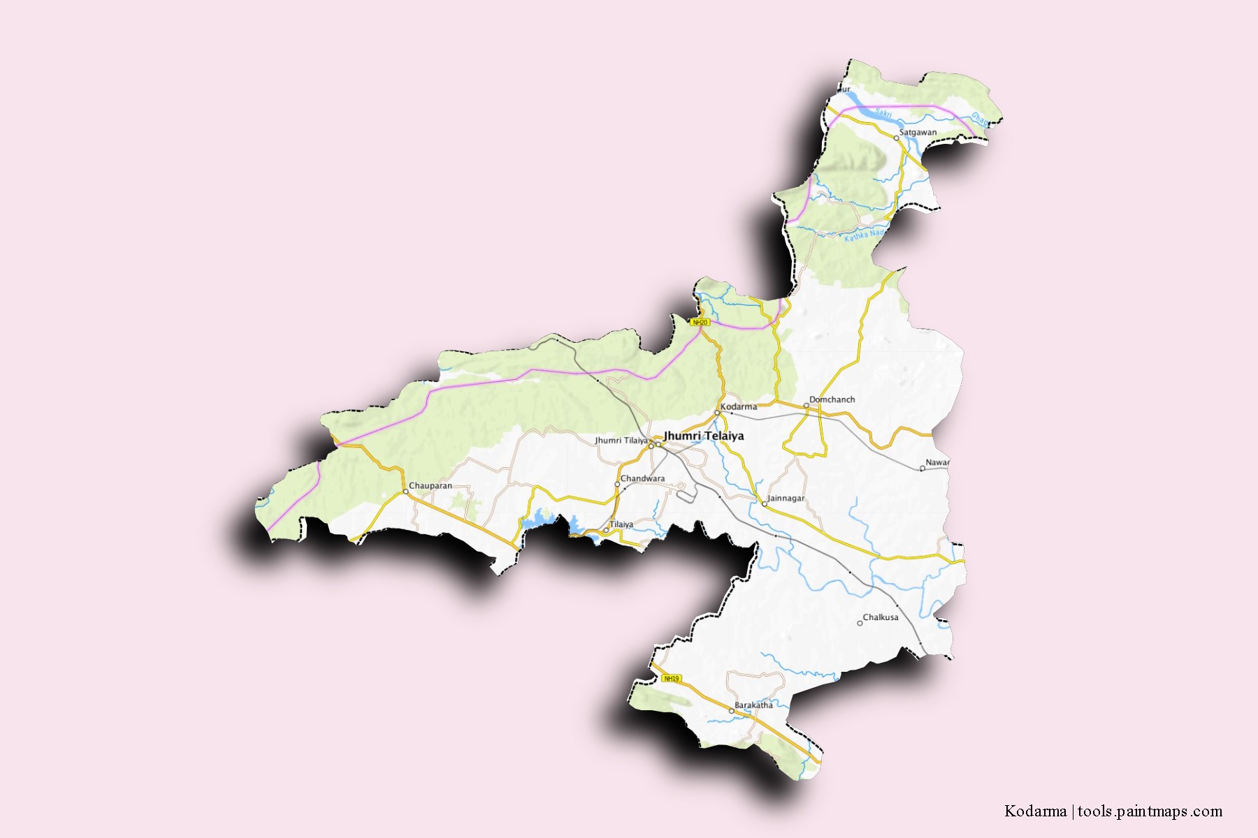 Mapa de barrios y pueblos de Kodarma con efecto de sombra 3D