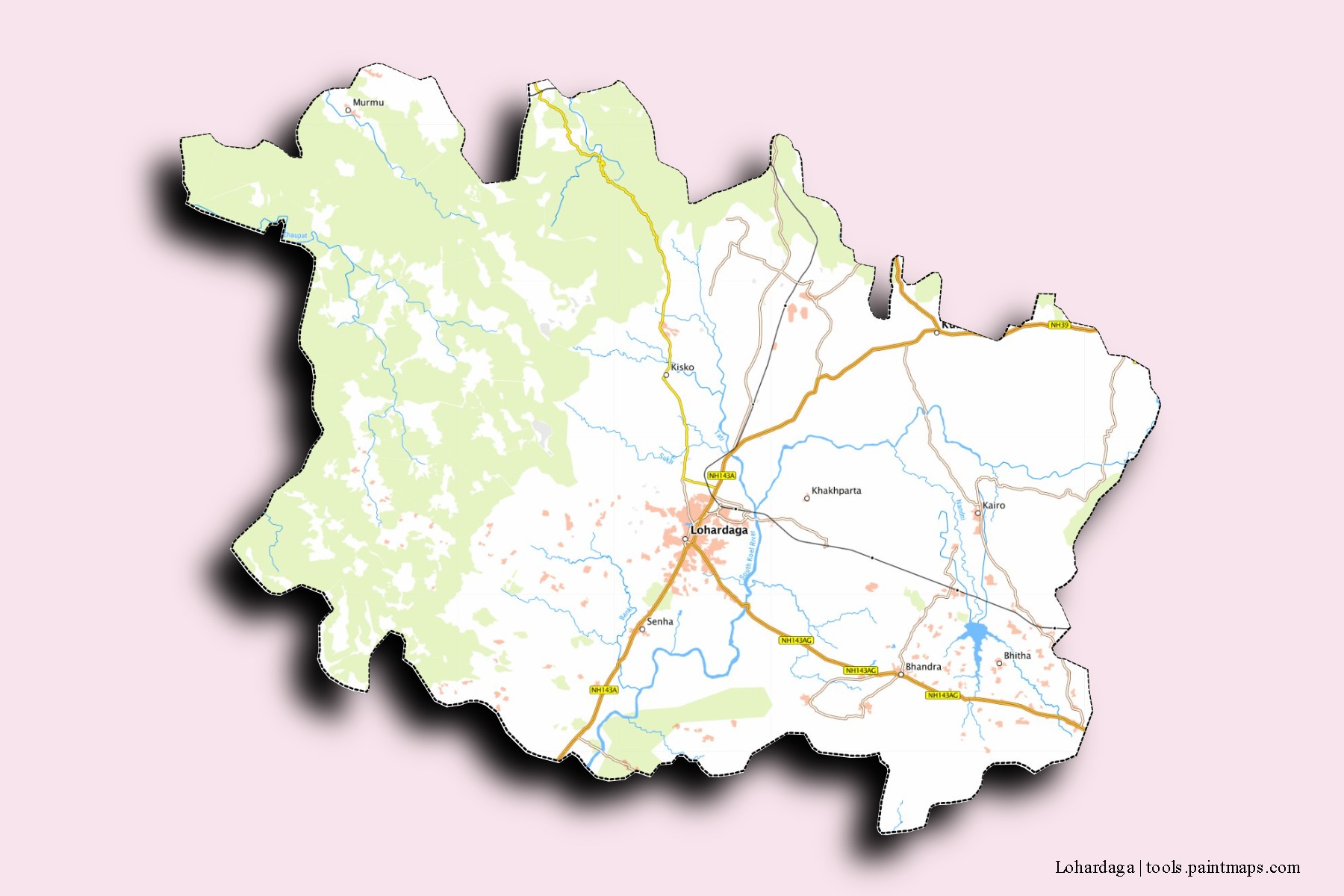 3D gölge efektli Lohardaga mahalleleri ve köyleri haritası