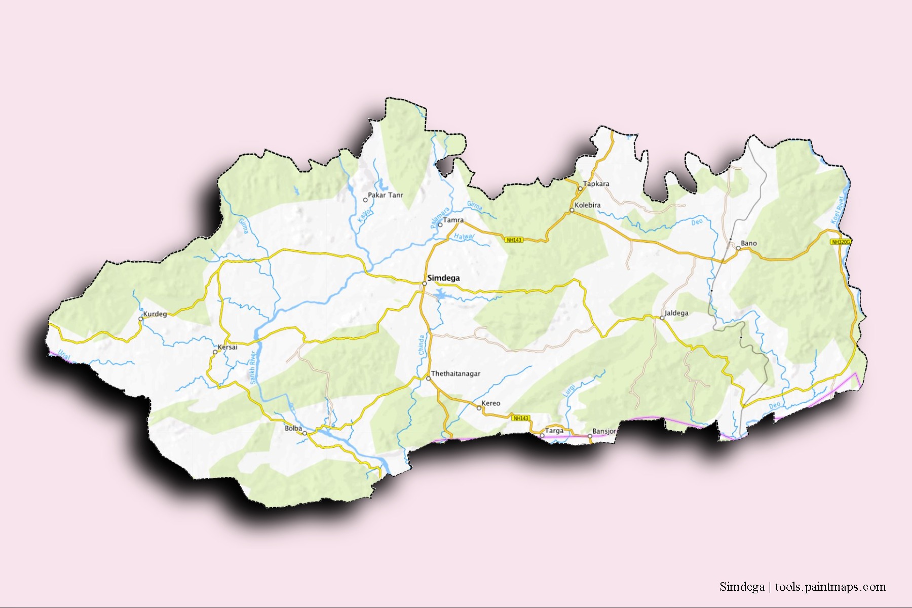 Mapa de barrios y pueblos de Simdega con efecto de sombra 3D