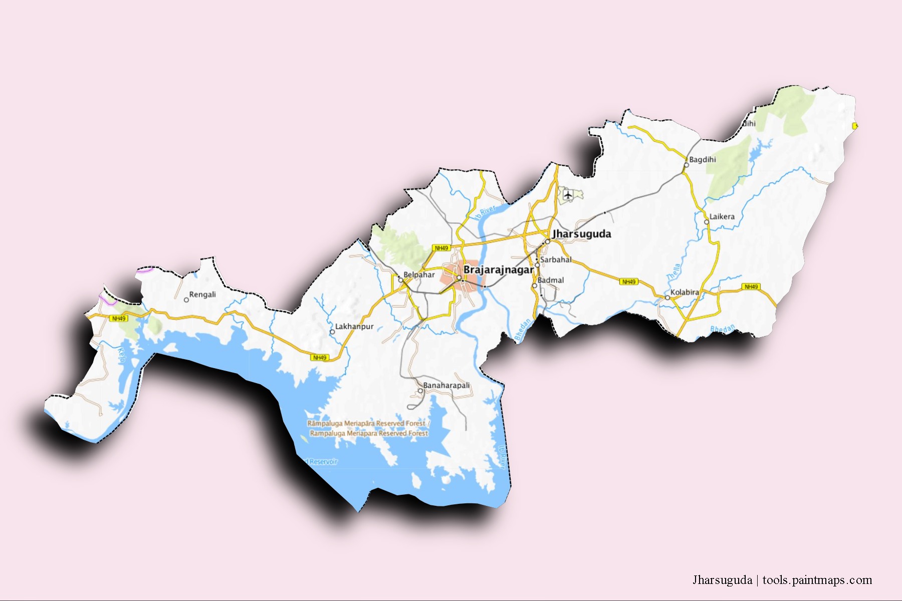 Mapa de barrios y pueblos de Jharsuguda con efecto de sombra 3D